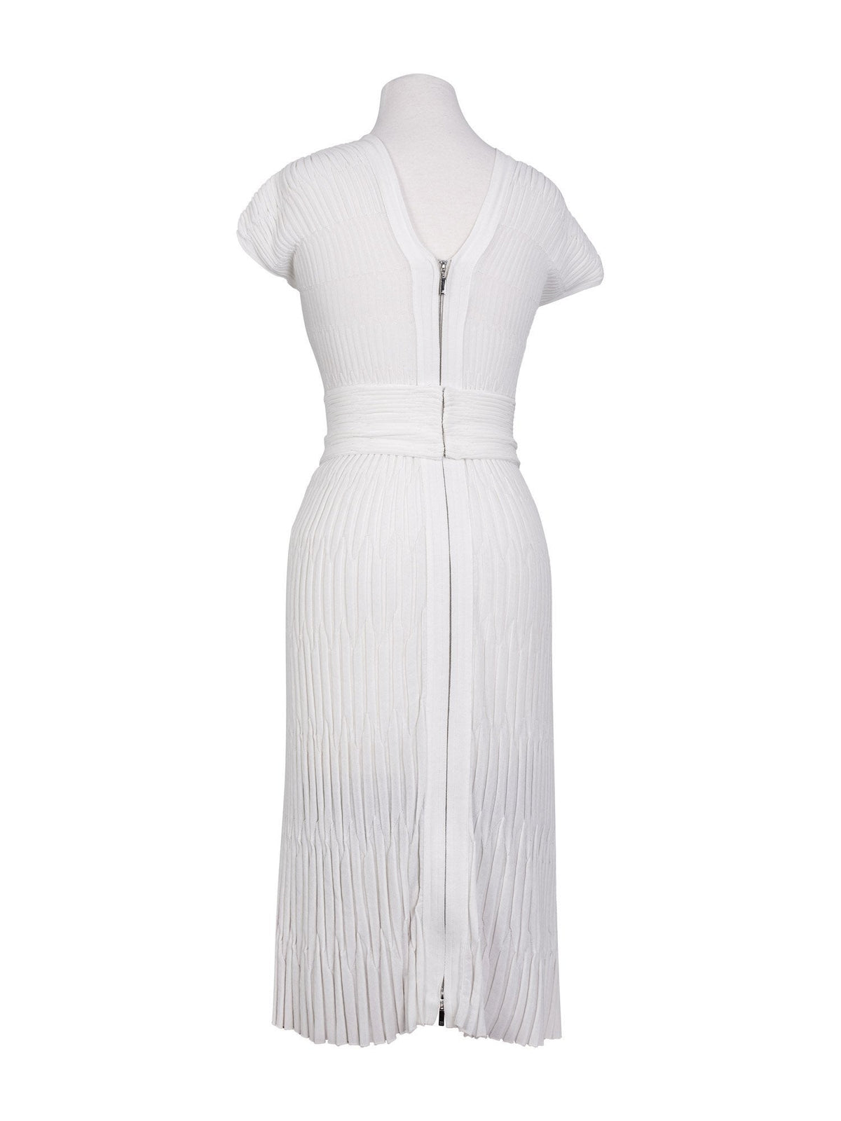 Chanel Silk Camellia Pleated Belted Knit Dress White