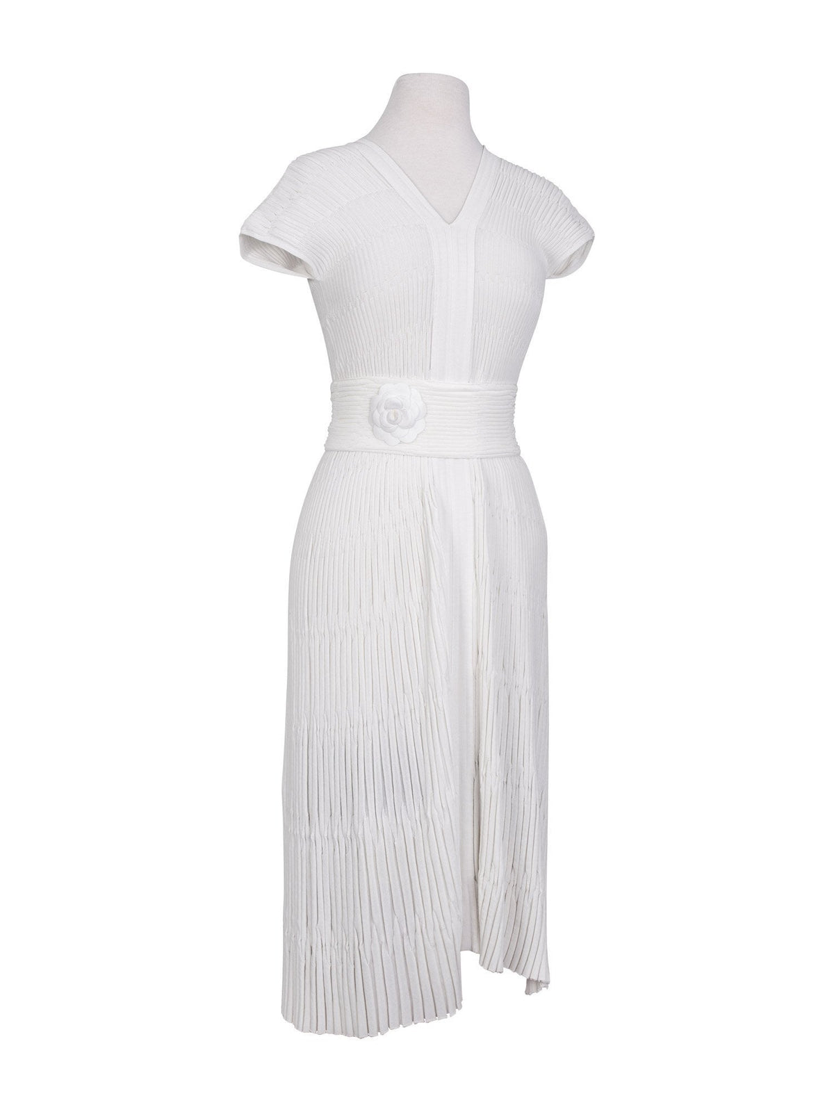 Chanel Silk Camellia Pleated Belted Knit Dress White