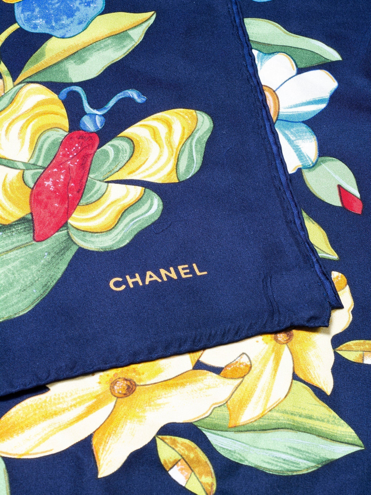Chanel Silk Floral Butterfly Scarf Blue