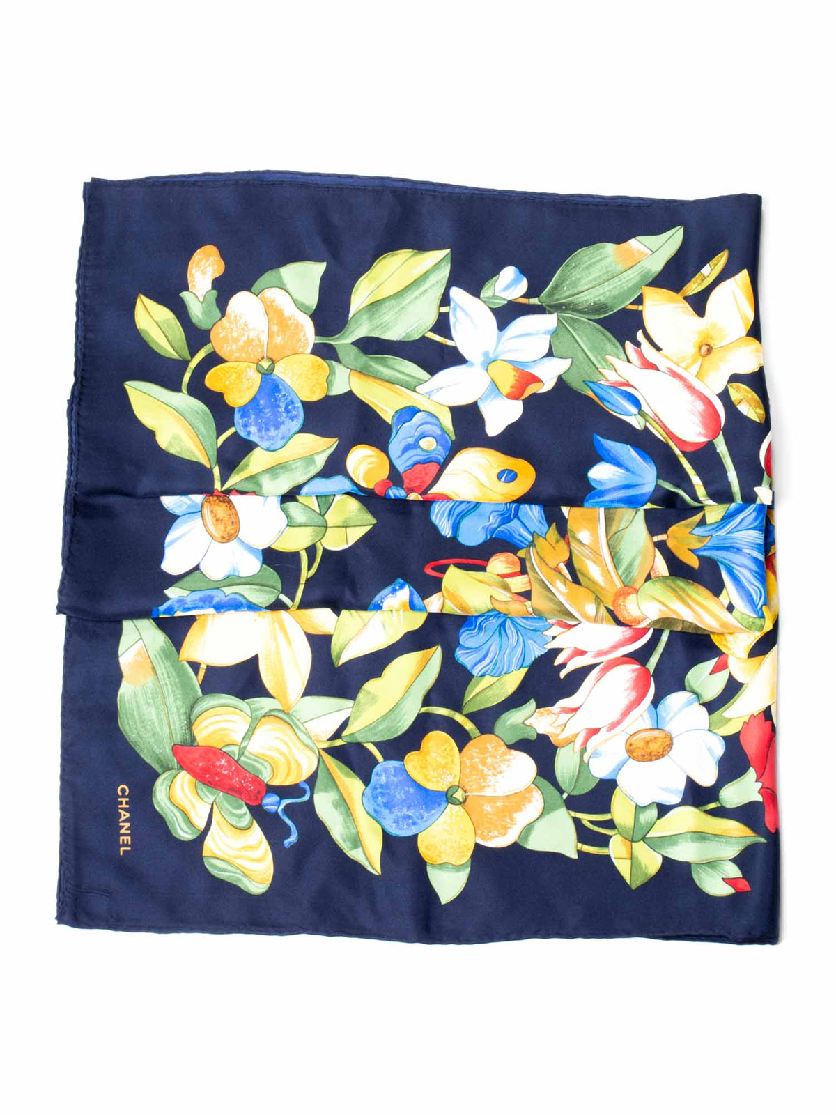 Chanel Silk Floral Butterfly Scarf Blue