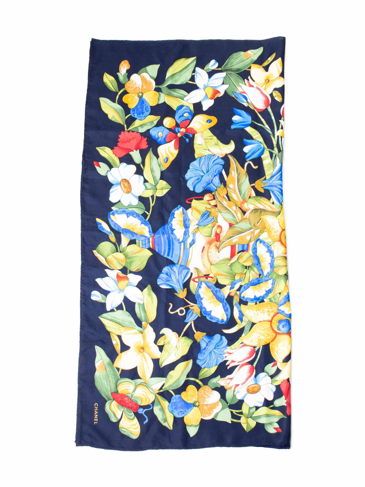 Chanel Silk Floral Butterfly Scarf Blue