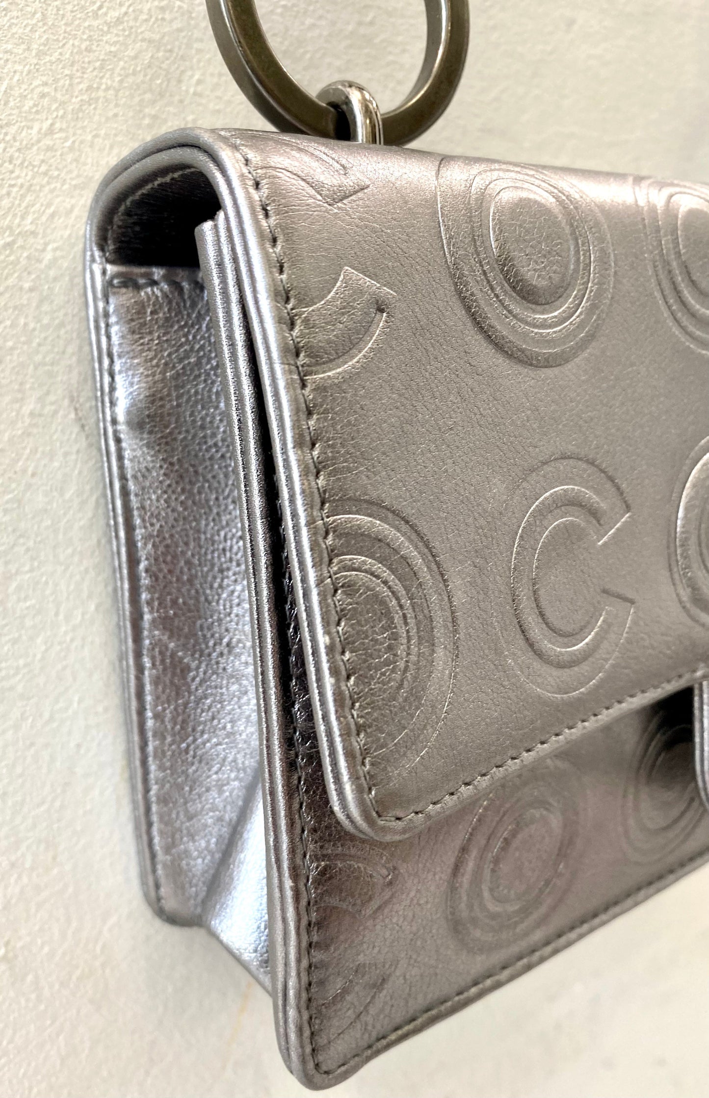 CHANEL METALLIC SILVER CALFSKIN COCO EMBOSSED SHOULDER BAG