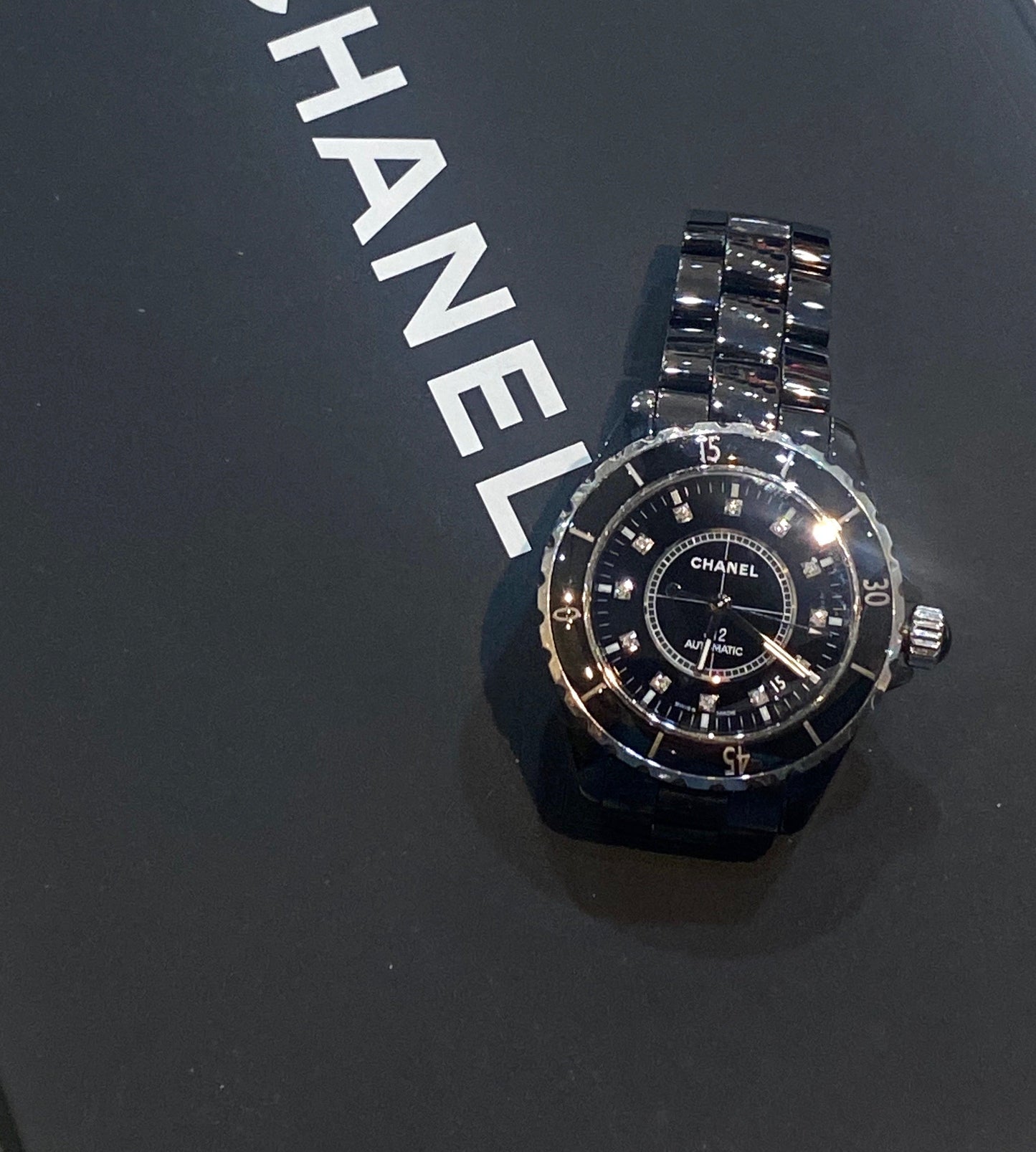 CHANEL STAINLESS STEEL CERAMIC DIAMONDS 38MM J12 AUTOMATIC WATCH