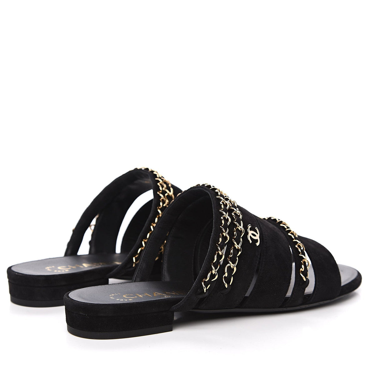 CHANEL SUEDE CALFSKIN CC CHAIN FLAT SLIDE SANDALS