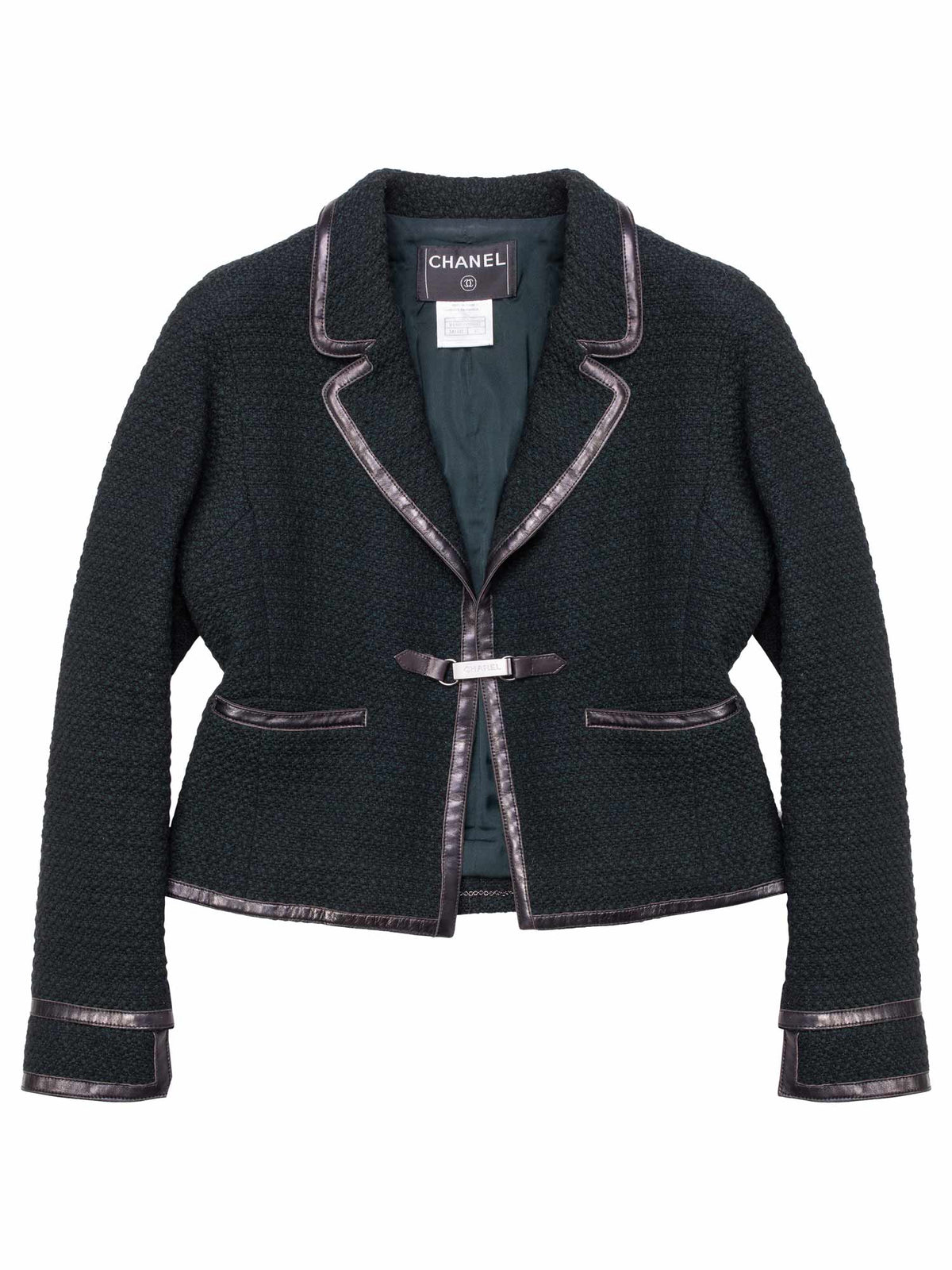 Chanel Tweed Leather Fitted Skirt Suit Set Green