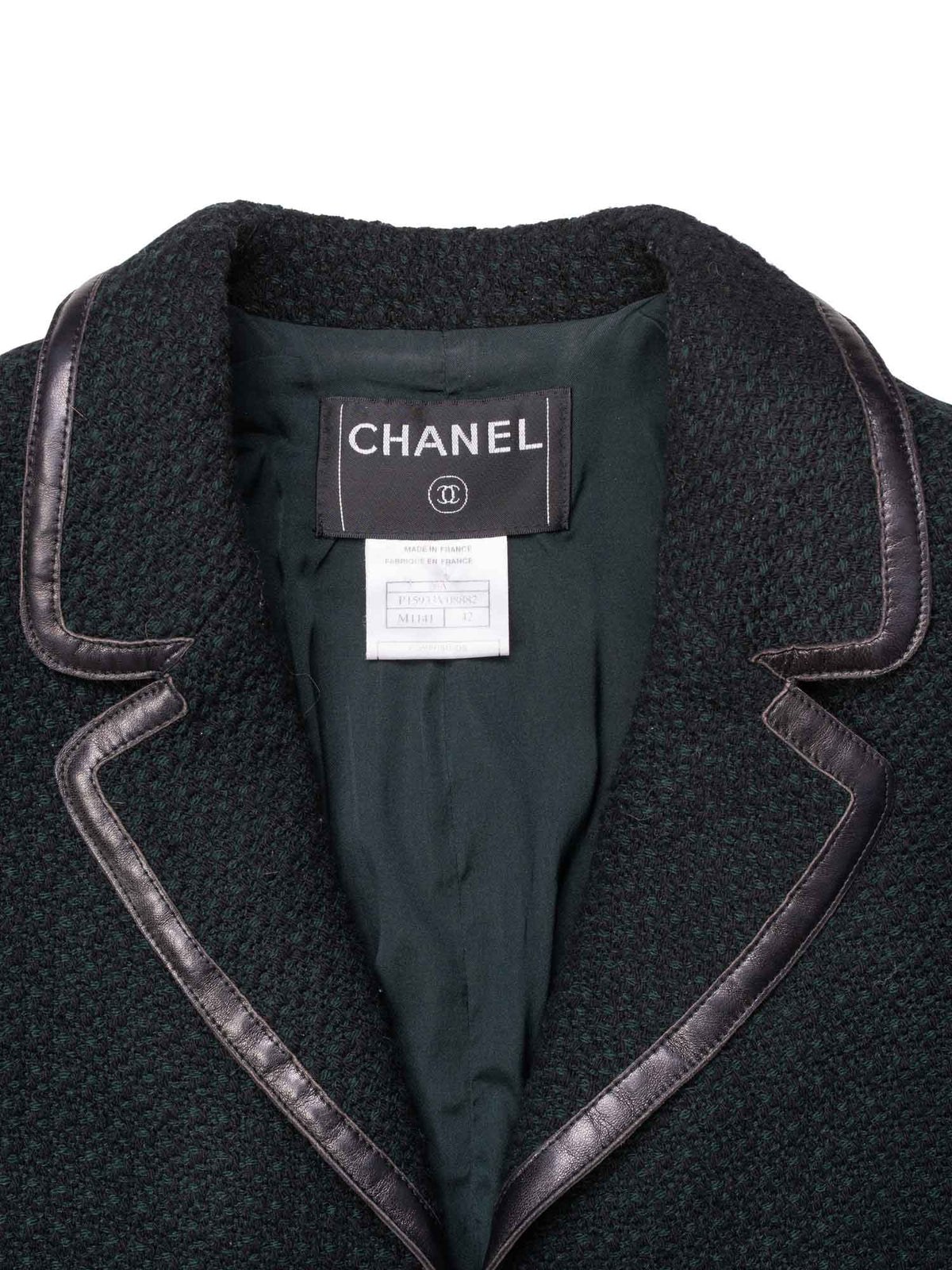 Chanel Tweed Leather Fitted Skirt Suit Set Green