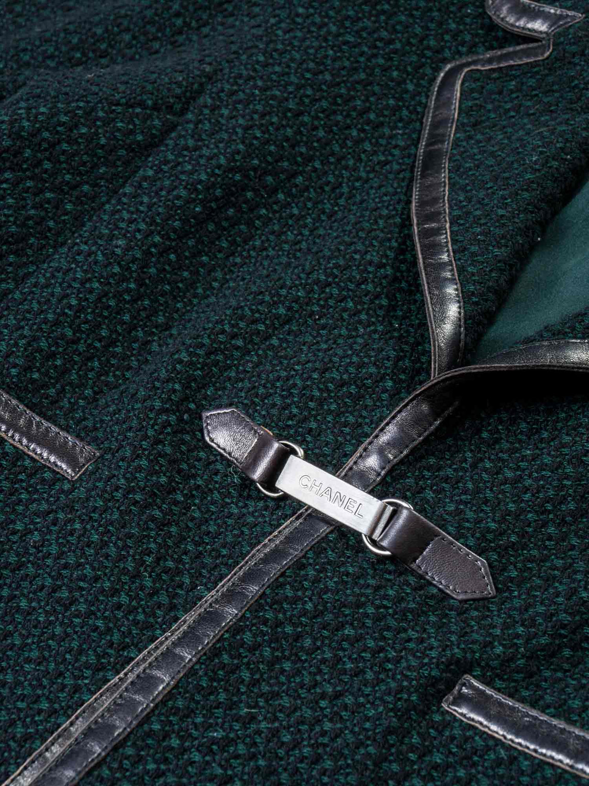 Chanel Tweed Leather Trim Fitted Jacket Green