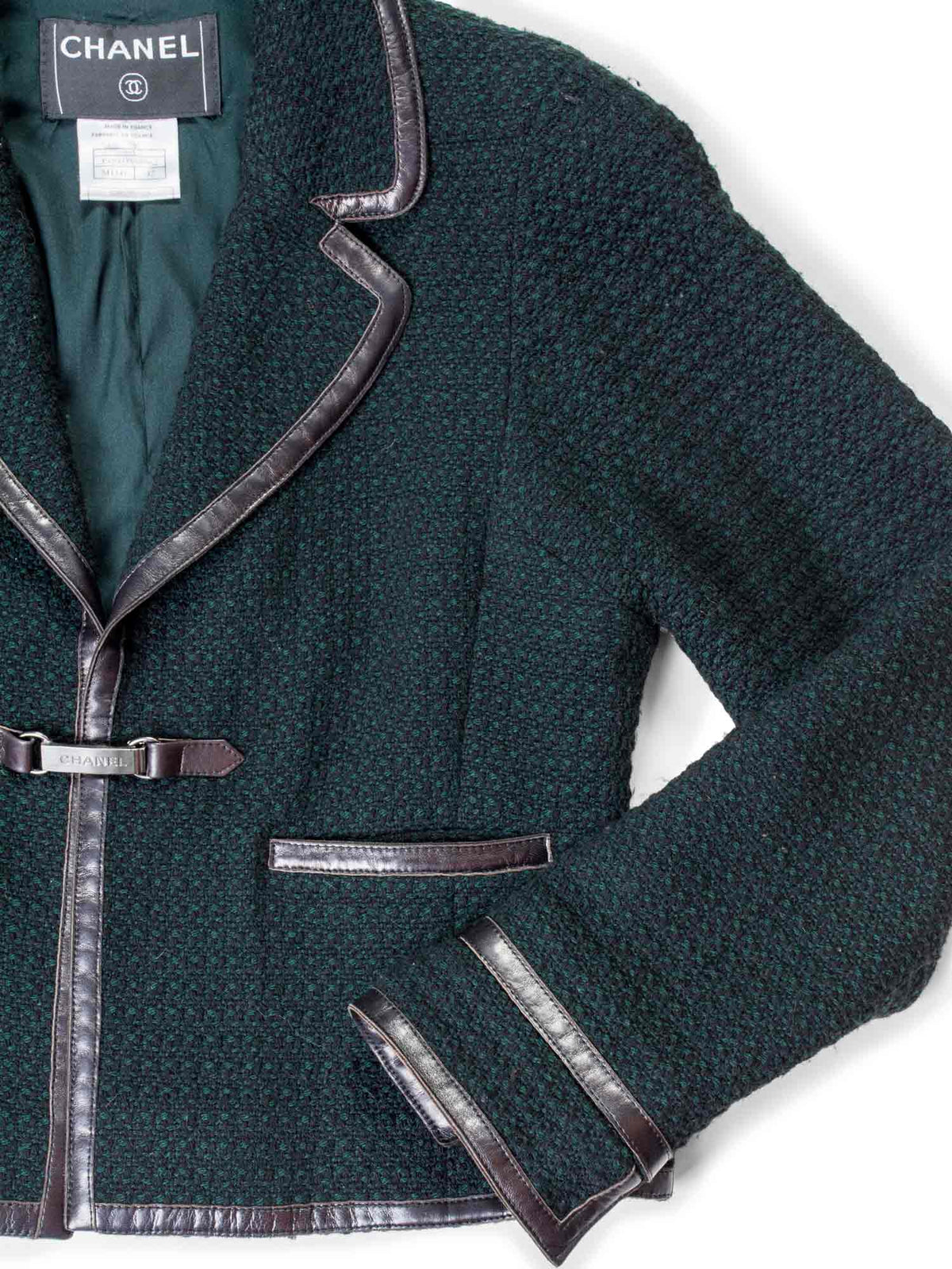 Chanel Tweed Leather Trim Fitted Jacket Green