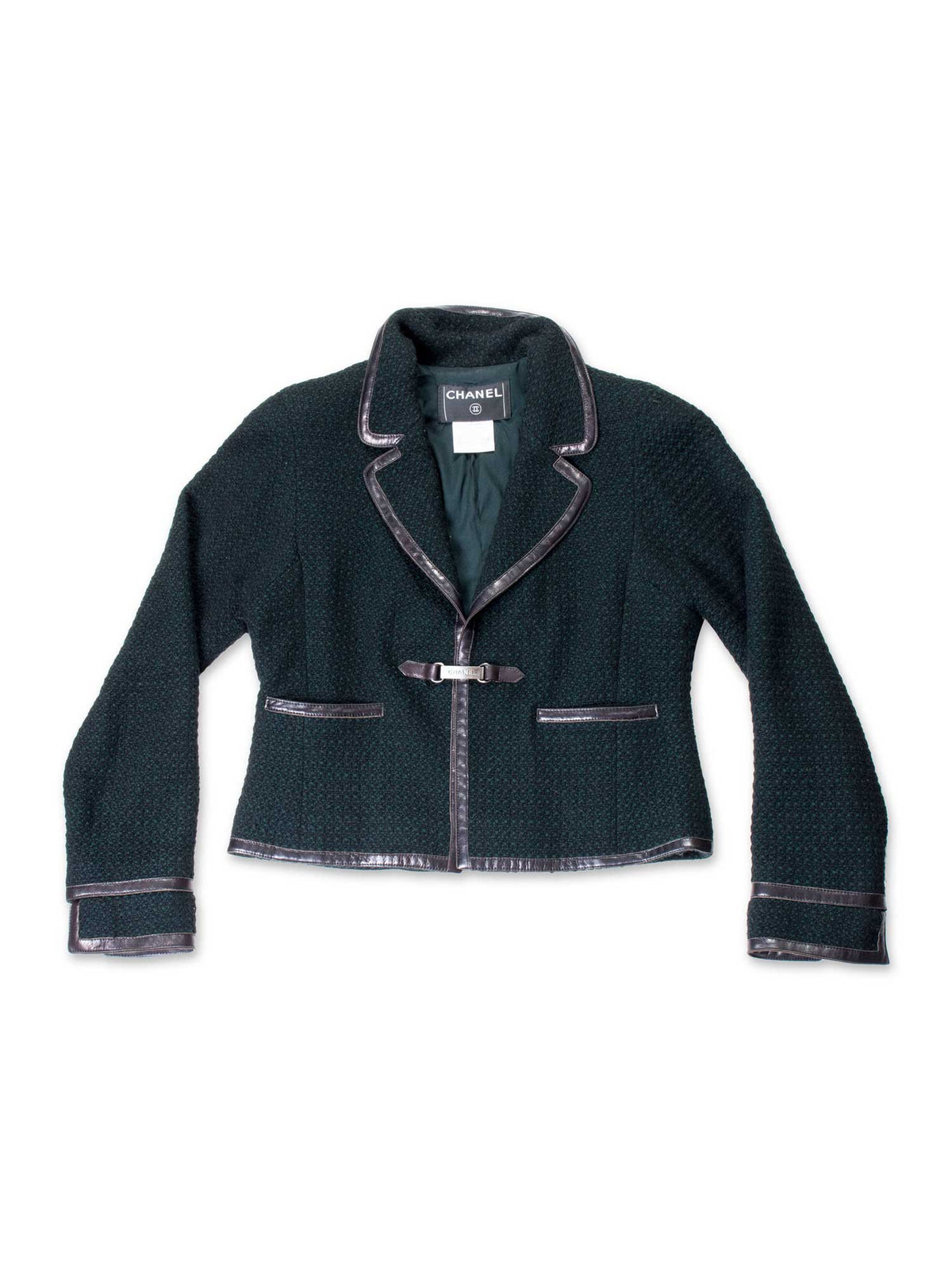 Chanel Tweed Leather Trim Fitted Jacket Green