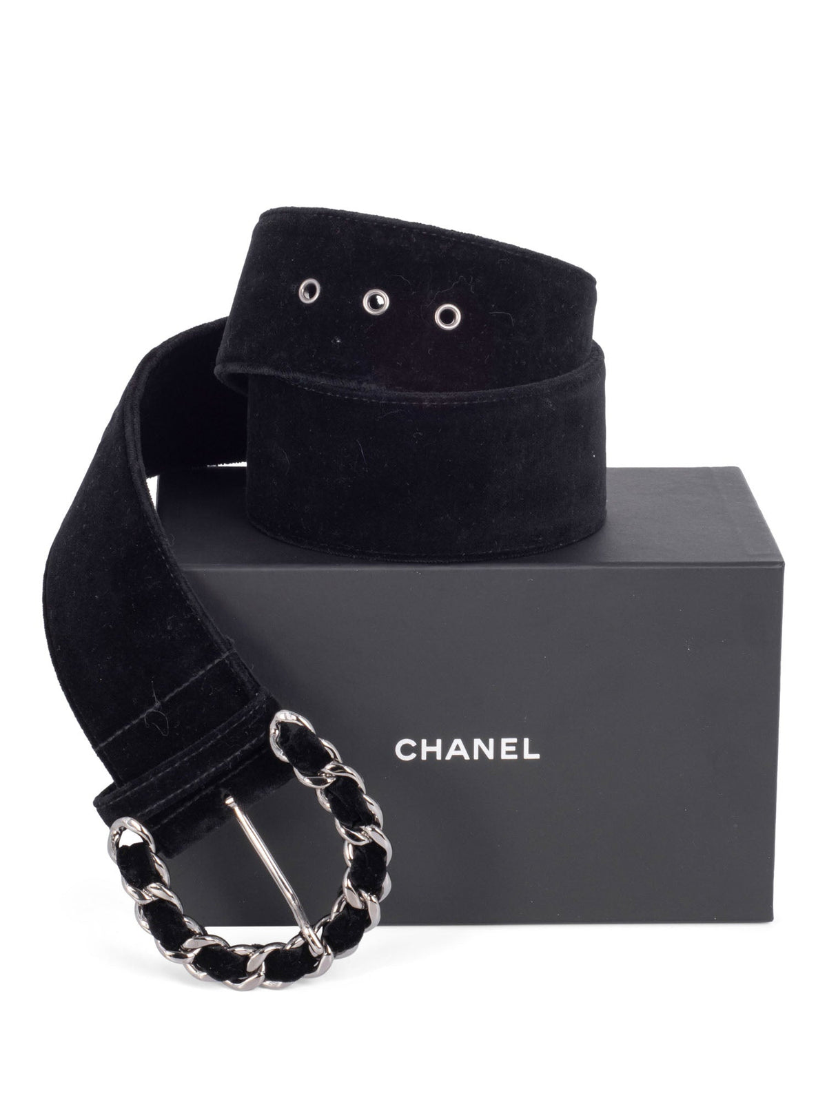 CHANEL Vintage Velvet Large Silver Chain Link Belt Black 90-designer resale
