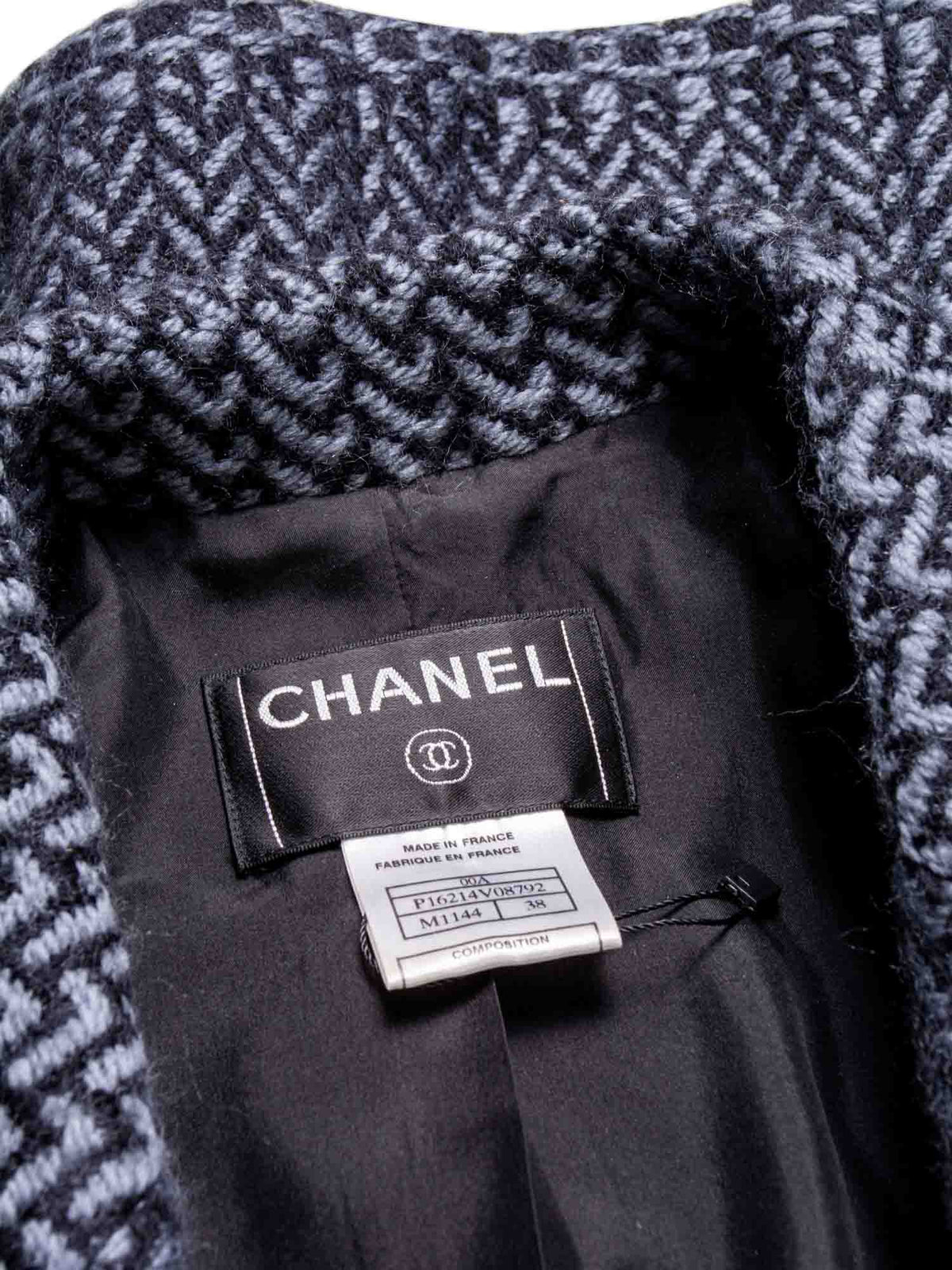 Chanel Wool CC Logo Embroidered Belted Jacket Grey Black