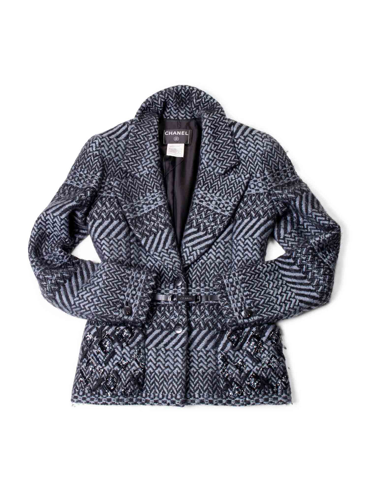 Chanel Wool CC Logo Embroidered Belted Jacket Grey Black