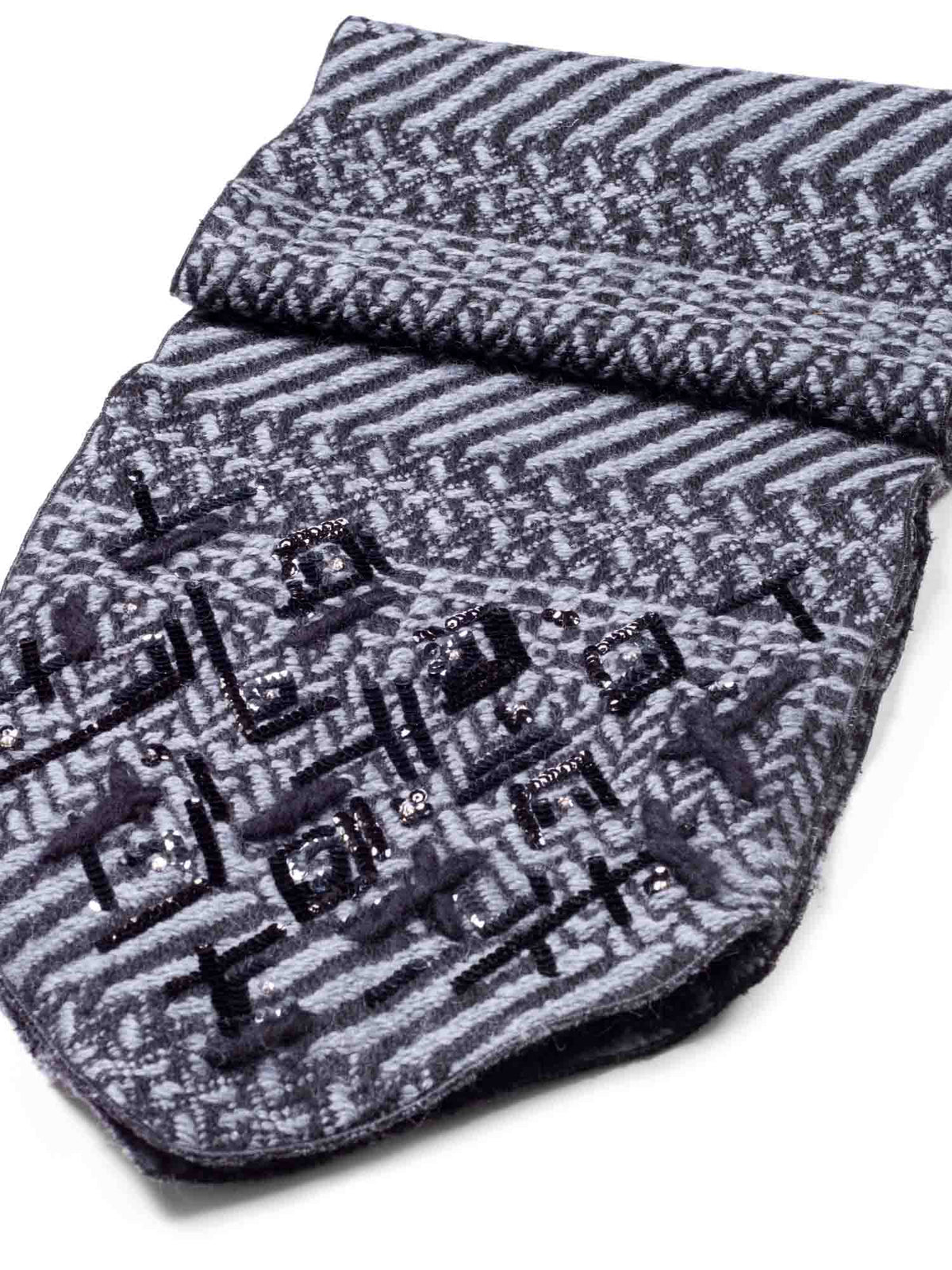 Chanel Wool Embroidered Scarf Grey Black