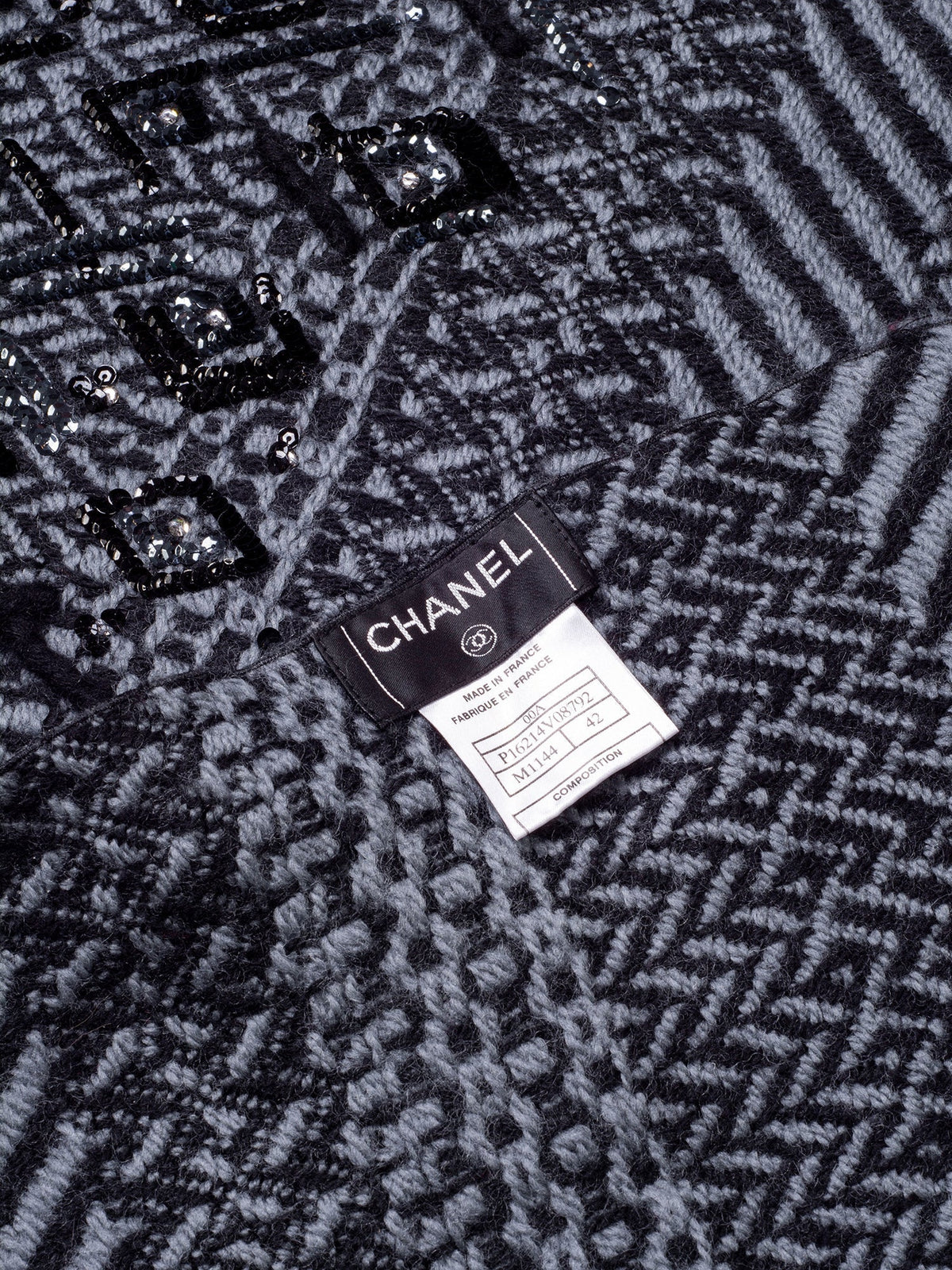 Chanel Wool Embroidered Scarf Grey Black