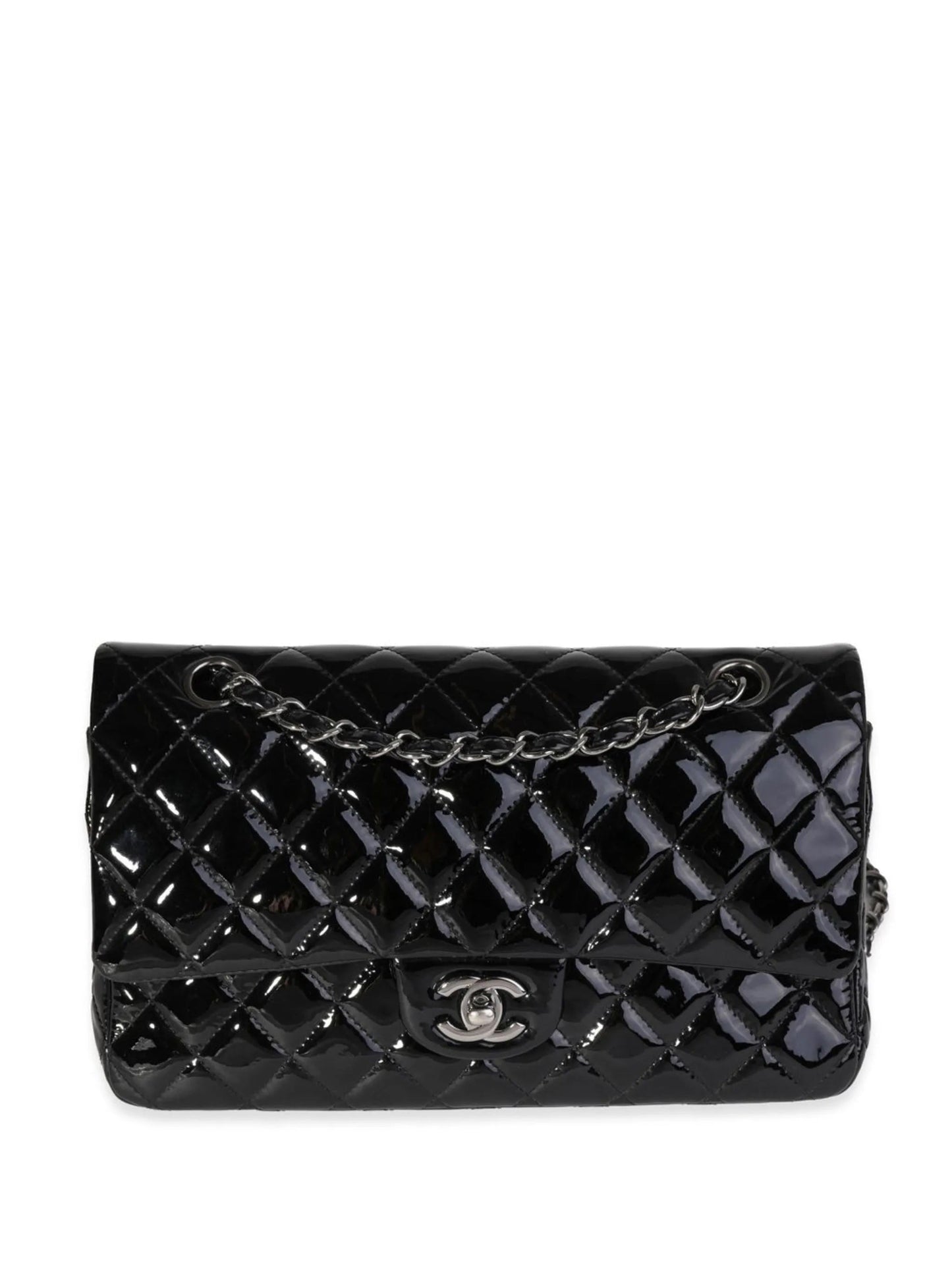 CHANEL CLASSIC QUILTED PATENT DOUBLE FLAP SHOULDER BAG