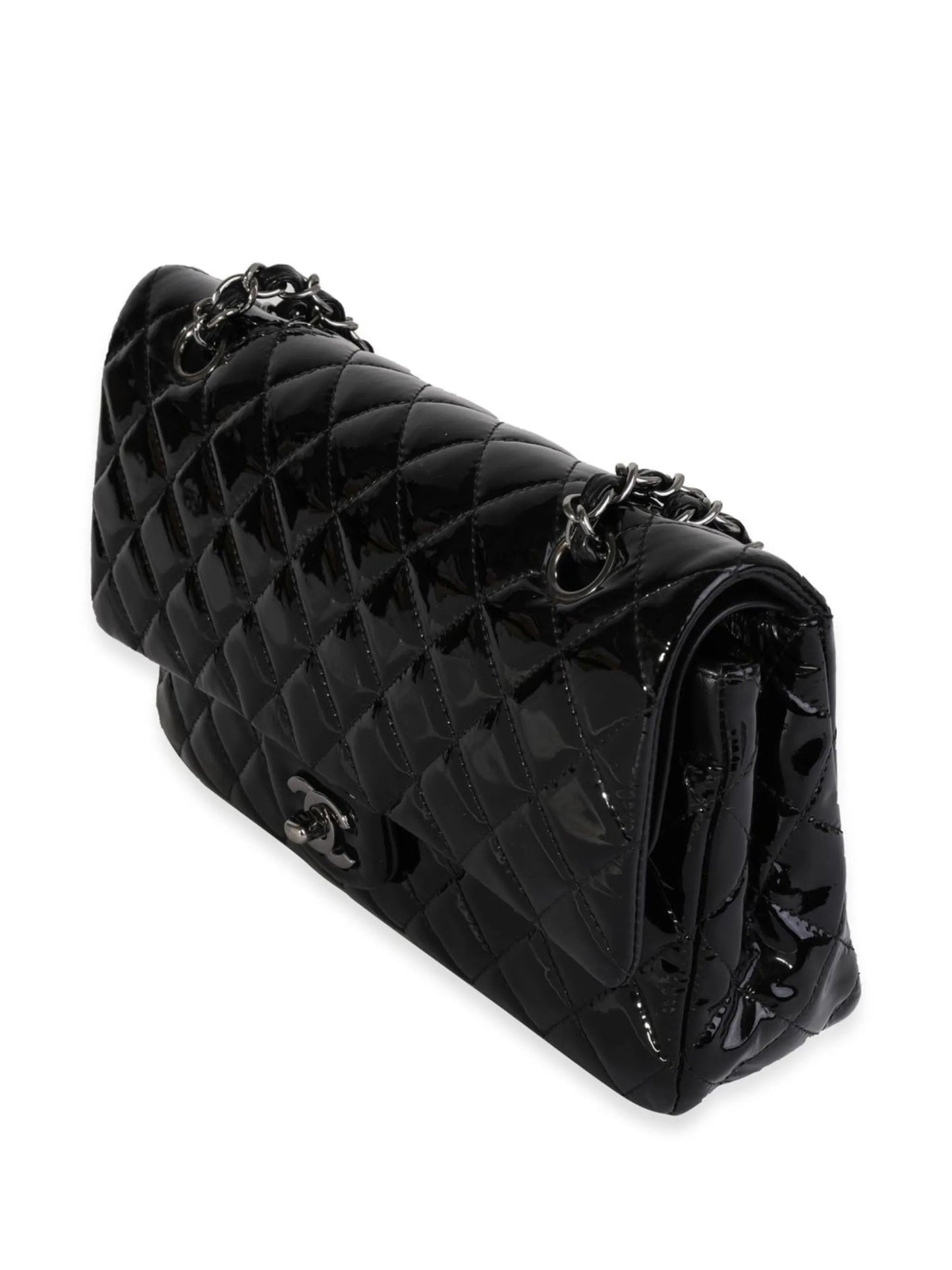 CHANEL CLASSIC QUILTED PATENT DOUBLE FLAP SHOULDER BAG