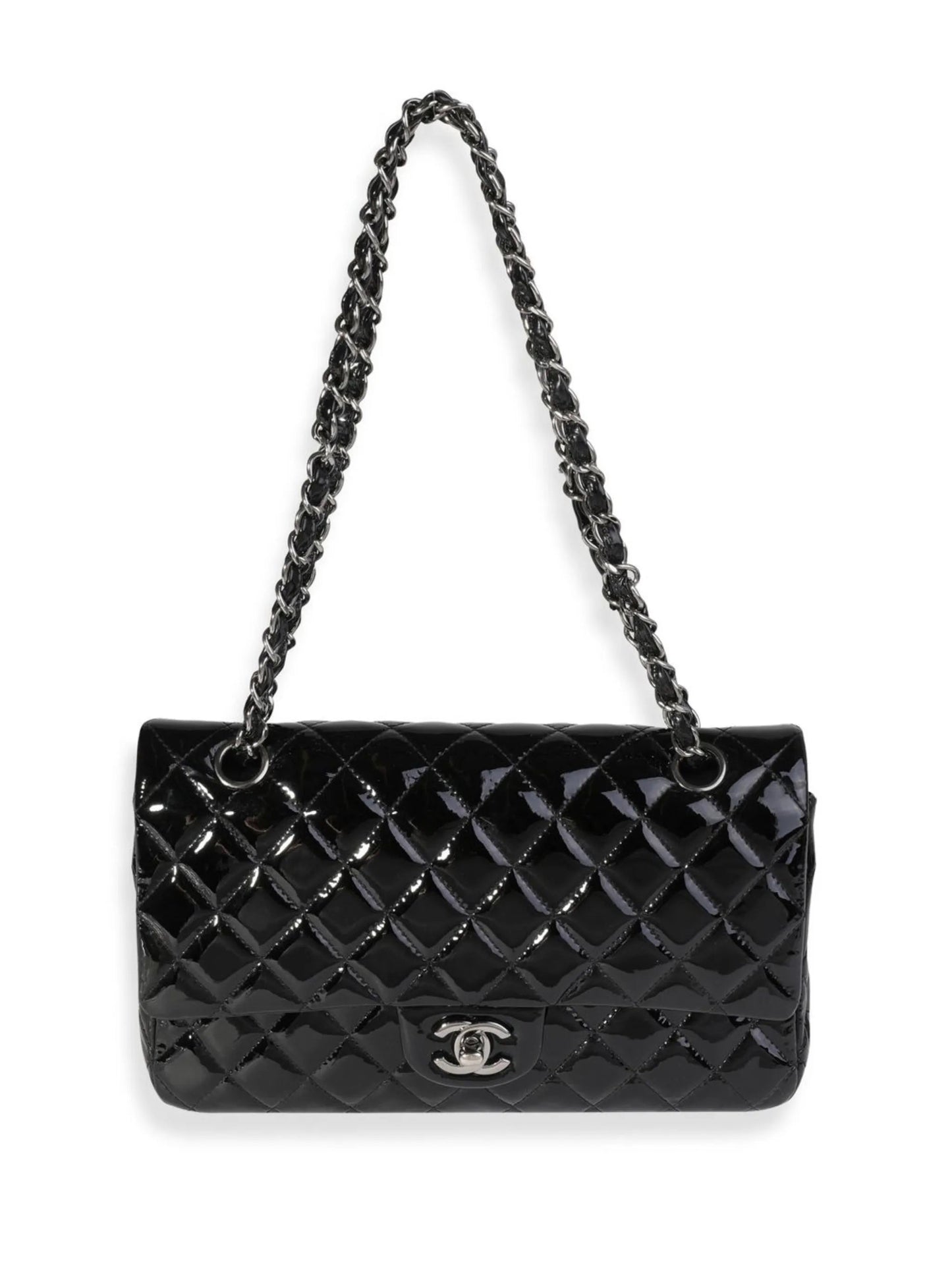 CHANEL CLASSIC QUILTED PATENT DOUBLE FLAP SHOULDER BAG