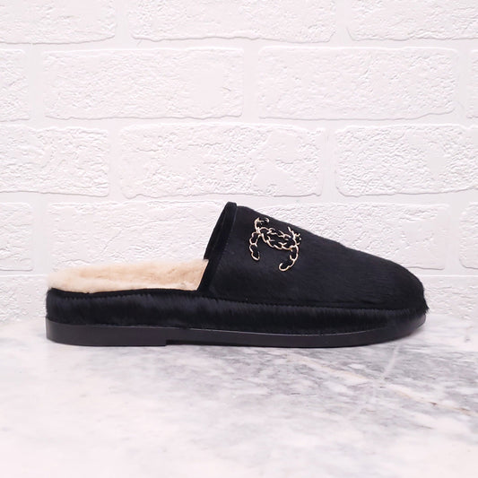 CHANEL CHAIN CC PONY HAIR AND SHEARLING MULES - SIZE 38.5