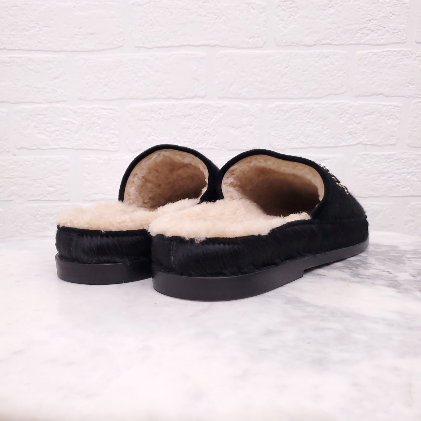 CHANEL CHAIN CC PONY HAIR AND SHEARLING MULES - SIZE 38.5