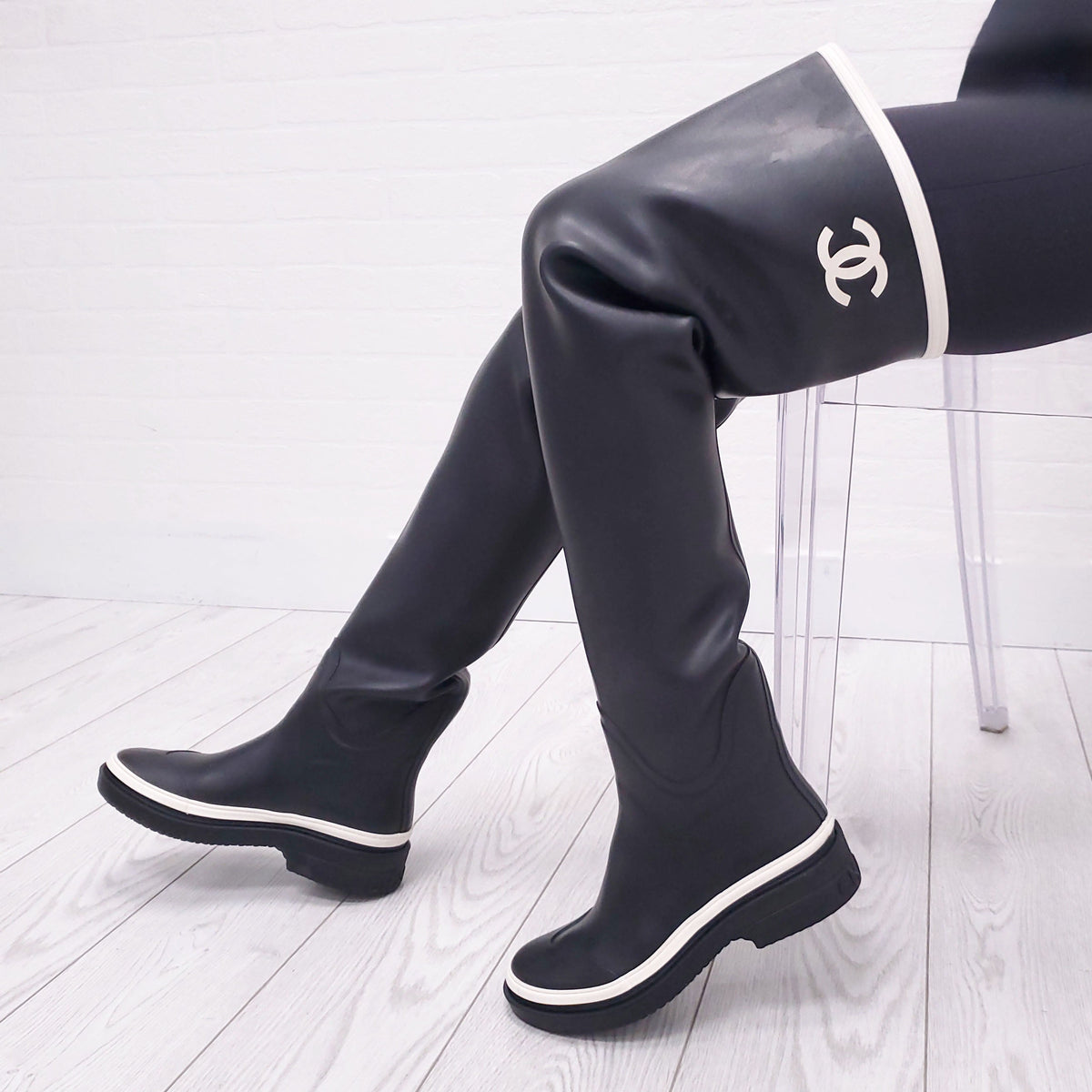 CHANEL RUNWAY BLACK THIGH HIGH LOGO RAIN BOOTS - SIZE 37
