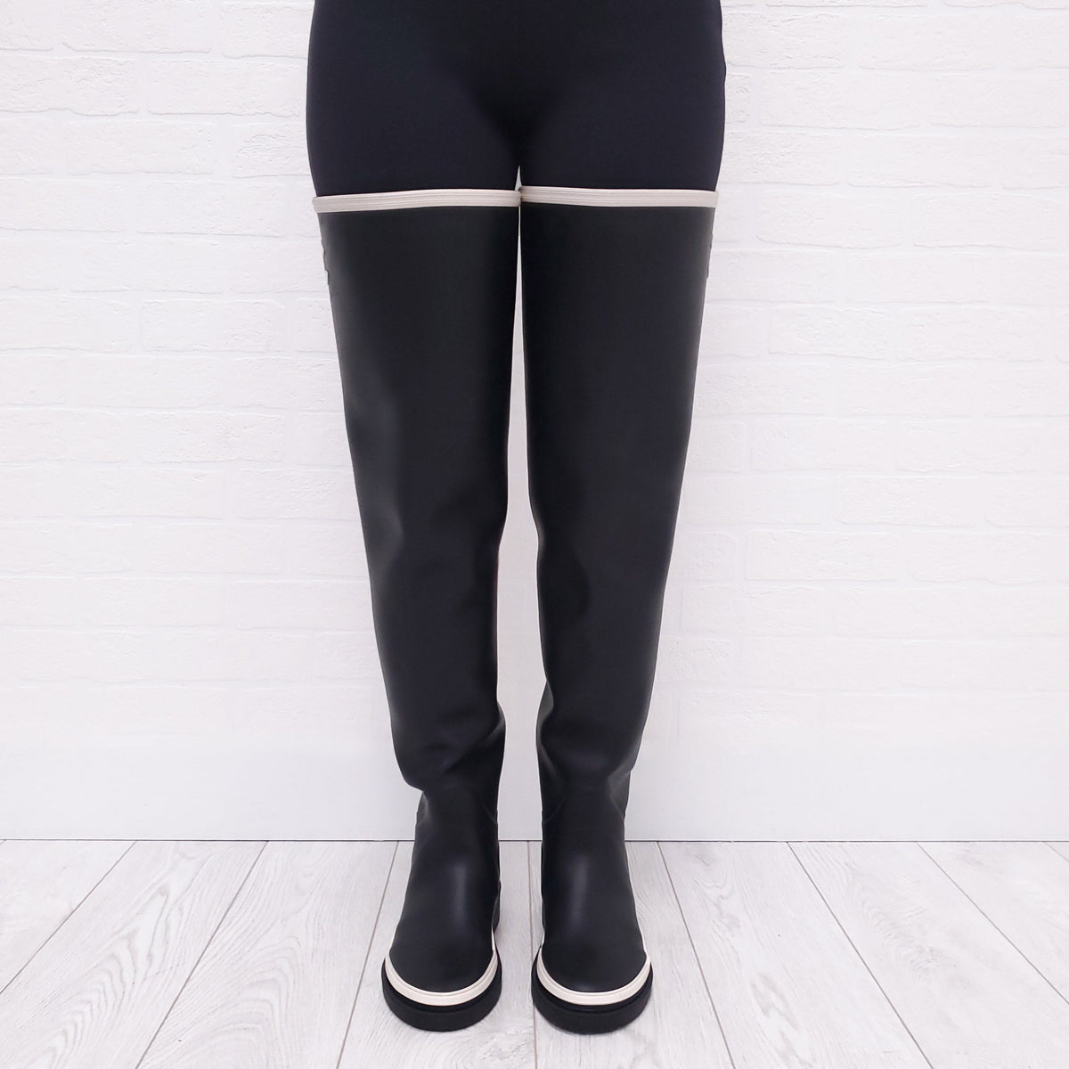 CHANEL RUNWAY BLACK THIGH HIGH LOGO RAIN BOOTS - SIZE 37