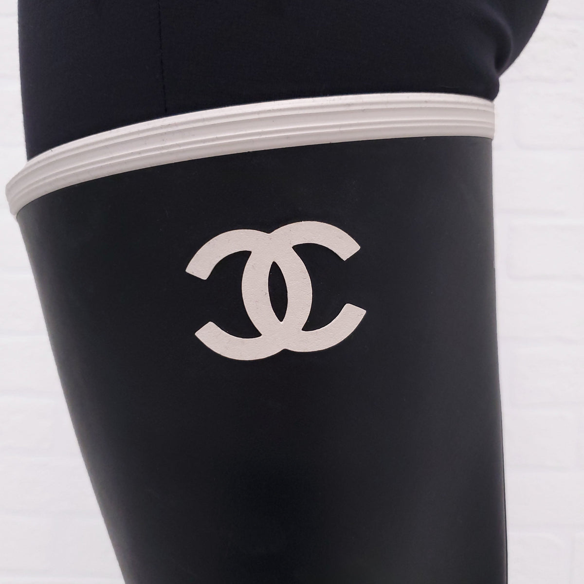 CHANEL RUNWAY BLACK THIGH HIGH LOGO RAIN BOOTS - SIZE 37