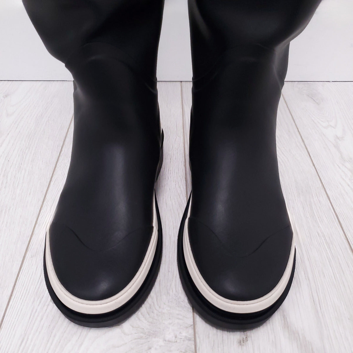 CHANEL RUNWAY BLACK THIGH HIGH LOGO RAIN BOOTS - SIZE 37