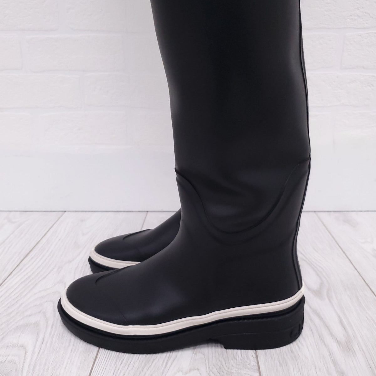 CHANEL RUNWAY BLACK THIGH HIGH LOGO RAIN BOOTS - SIZE 37