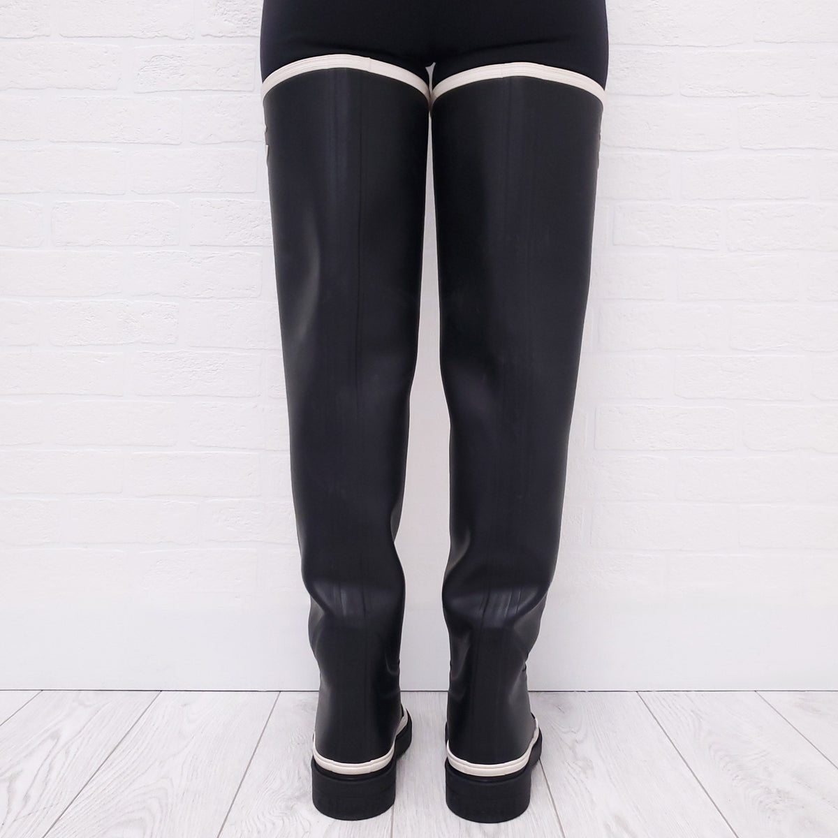 CHANEL RUNWAY BLACK THIGH HIGH LOGO RAIN BOOTS - SIZE 37