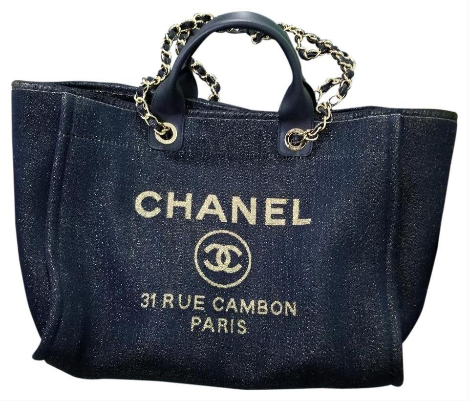 Chanel Deauville Fabric Tote Navy Blue/Gold