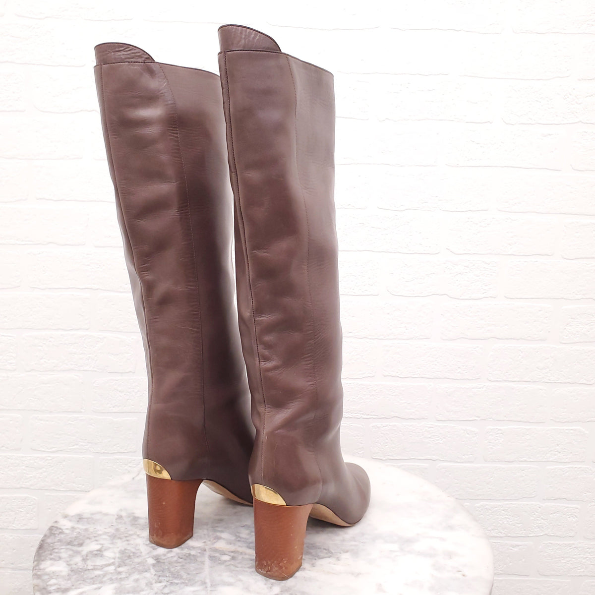CHLOÉ BROWN LEATHER 'EVE 85MM' BOOTS - SIZE 38