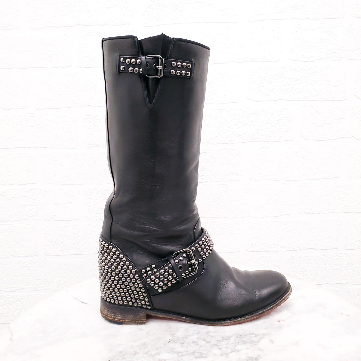 CHRISITIAN LOUBOUTIN MOTO STUD FLAT BOOTS - SIZE 38
