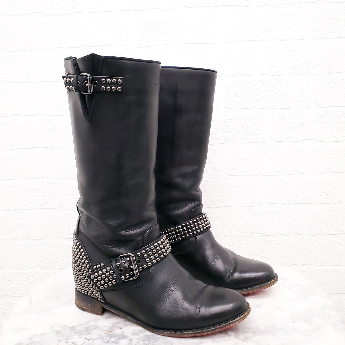 CHRISITIAN LOUBOUTIN MOTO STUD FLAT BOOTS - SIZE 38