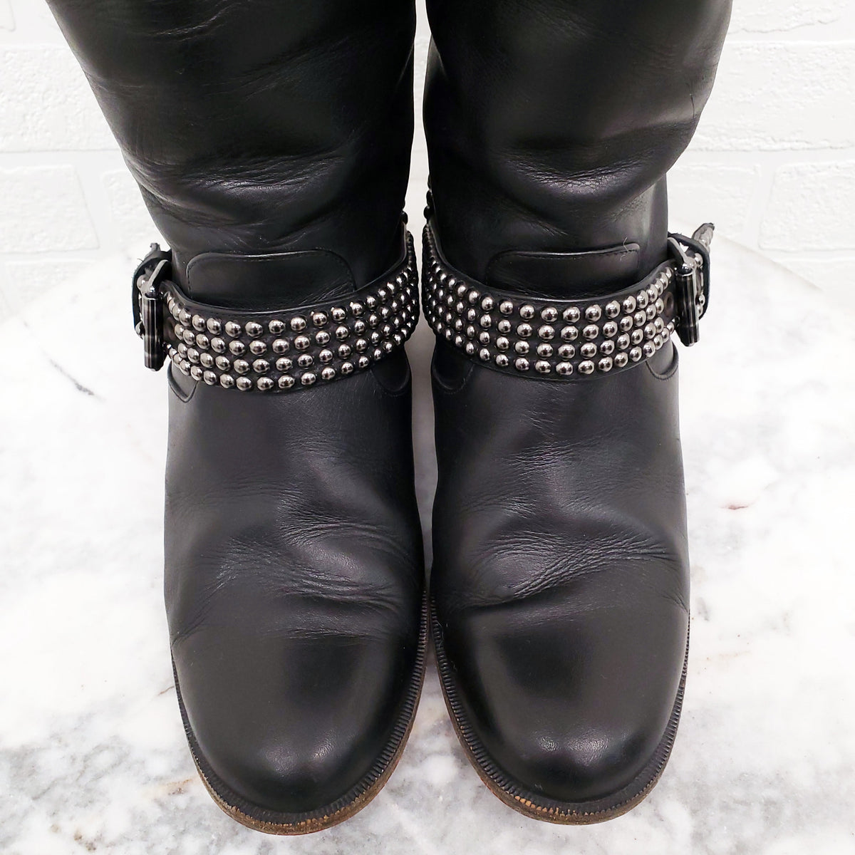 CHRISITIAN LOUBOUTIN MOTO STUD FLAT BOOTS - SIZE 38