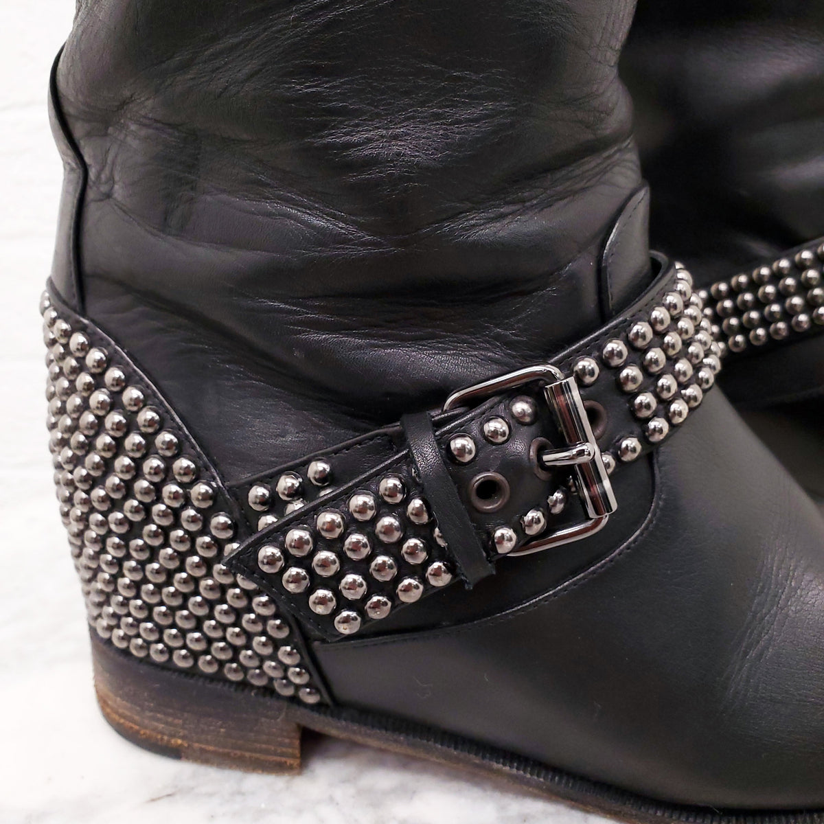 CHRISITIAN LOUBOUTIN MOTO STUD FLAT BOOTS - SIZE 38