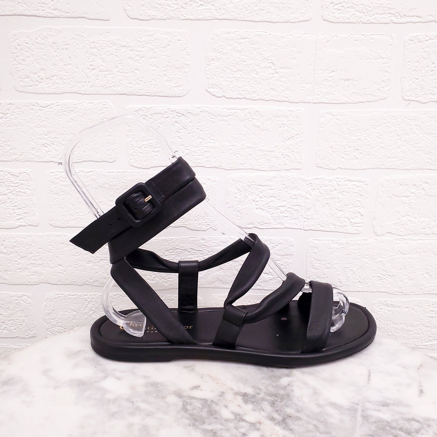 CHRISTIAN DIOR BLACK LEATHER WRAP AROUND SANDALS - SIZE 37.5