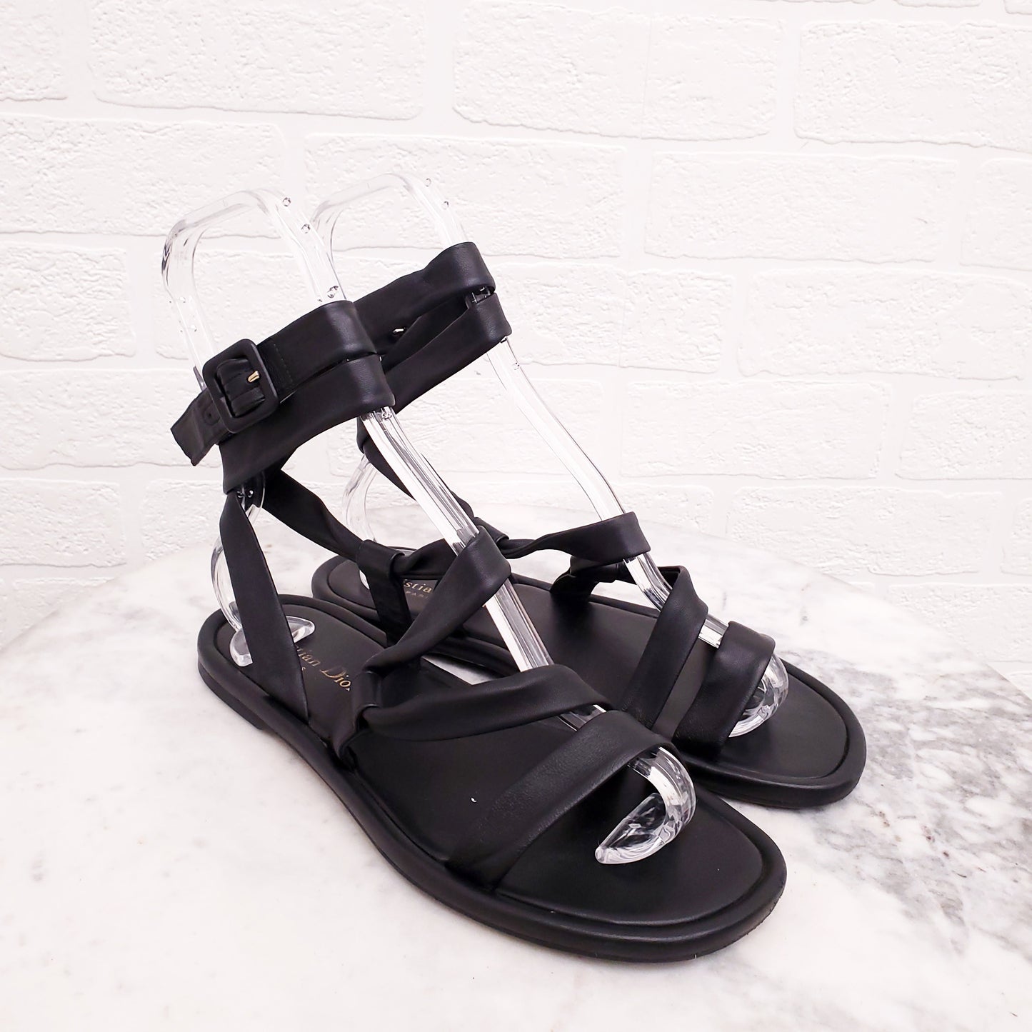 CHRISTIAN DIOR BLACK LEATHER WRAP AROUND SANDALS - SIZE 37.5