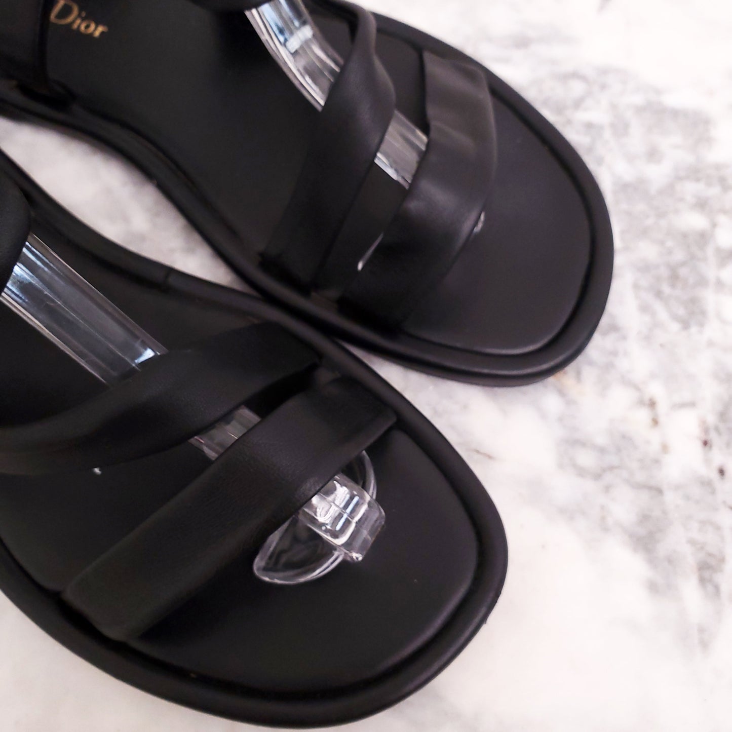 CHRISTIAN DIOR BLACK LEATHER WRAP AROUND SANDALS - SIZE 37.5