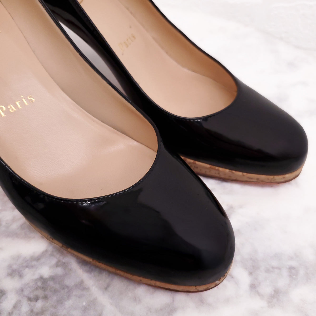 CHRISTIAN LOUBOUTIN BLACK PATENT CORK HEELS - SIZE 38