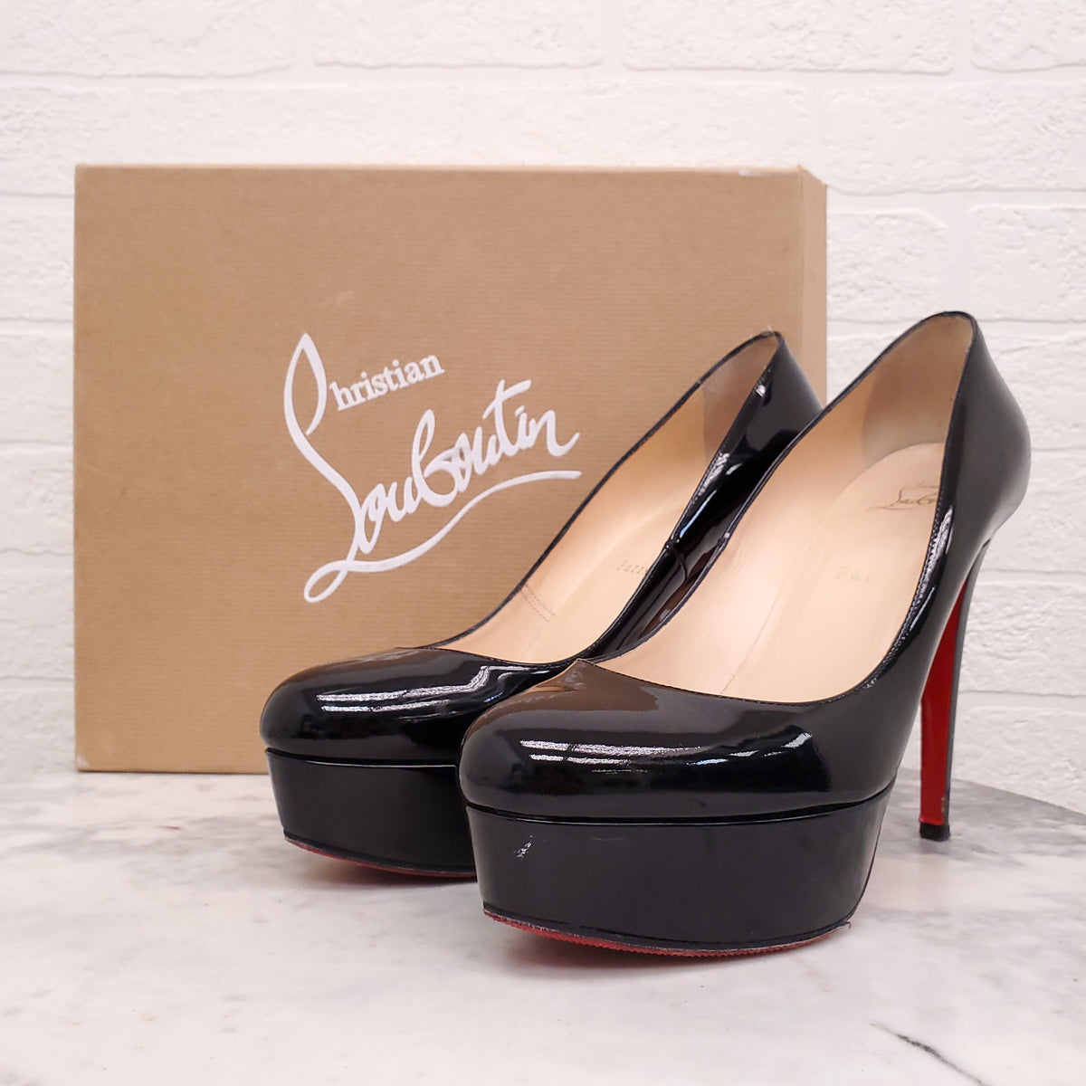 CHRISTIAN LOUBOUTIN BLACK PATENT PLATFORM HEELS - SIZE 39.5