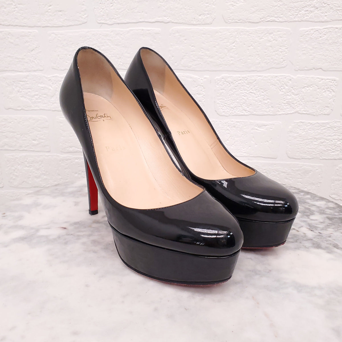 CHRISTIAN LOUBOUTIN BLACK PATENT PLATFORM HEELS - SIZE 39.5