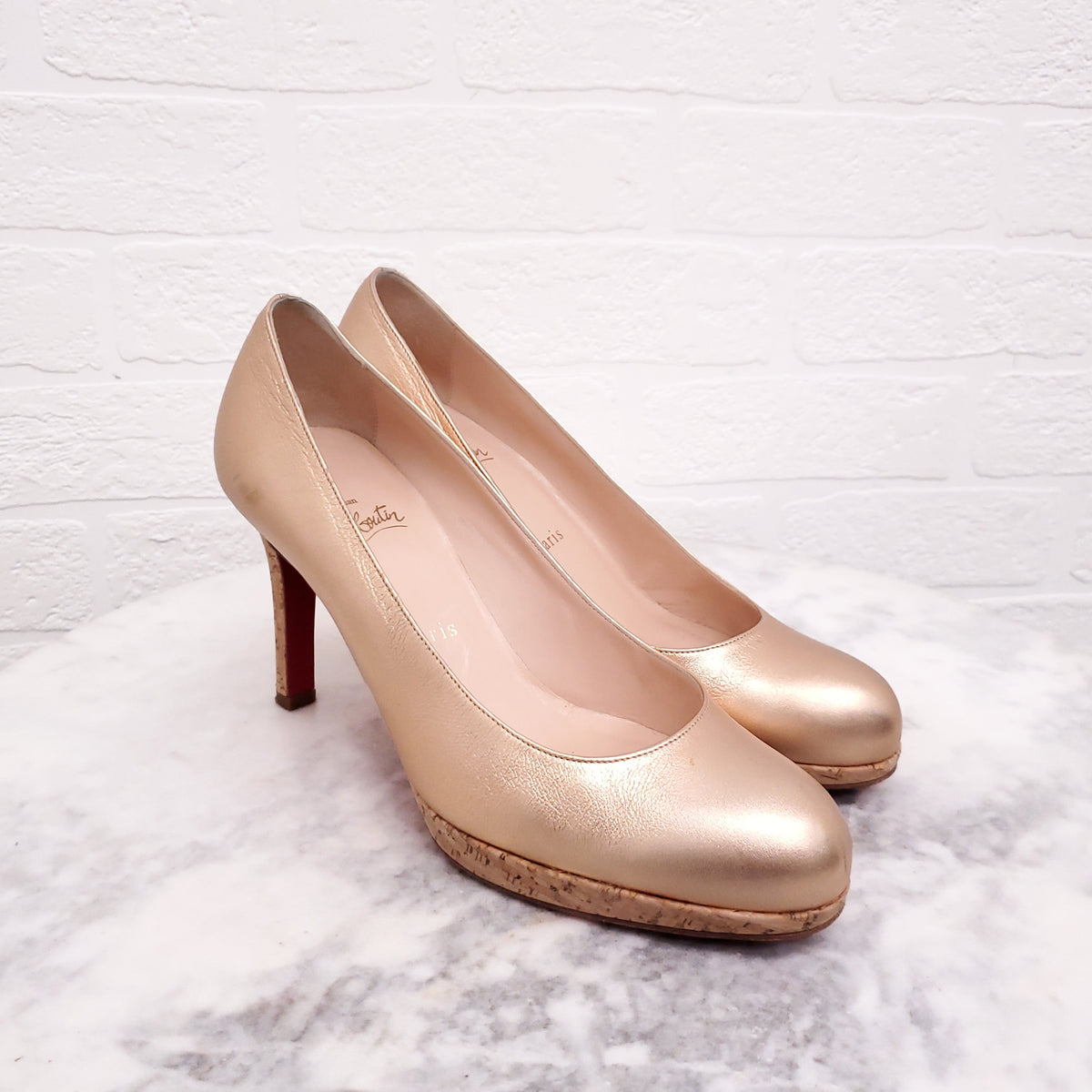 CHRISTIAN LOUBOUTIN GOLD CORK HEELS - SIZE  38
