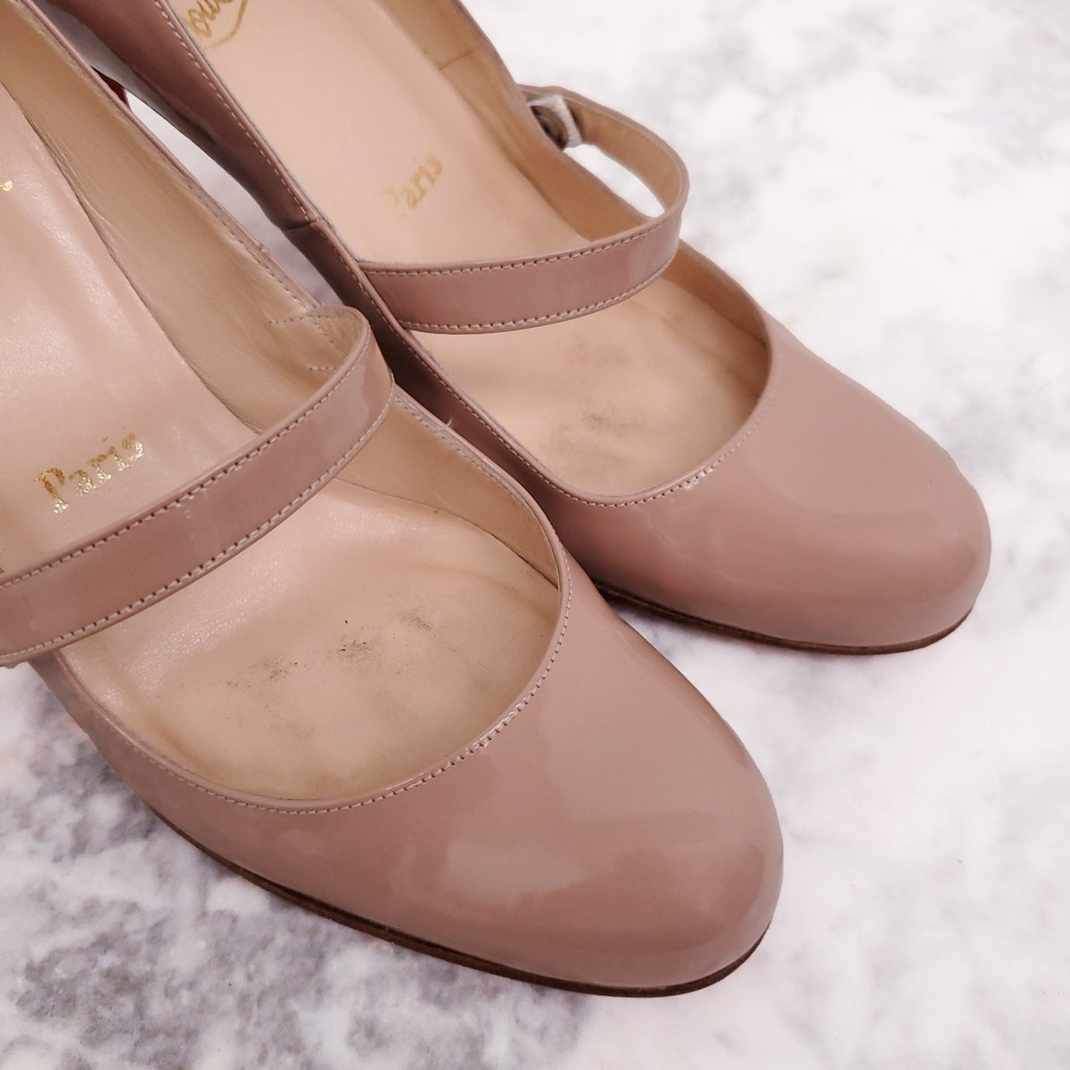 CHRISTIAN LOUBOUTIN NUDE PATENT MARY JANES - SIZE 38