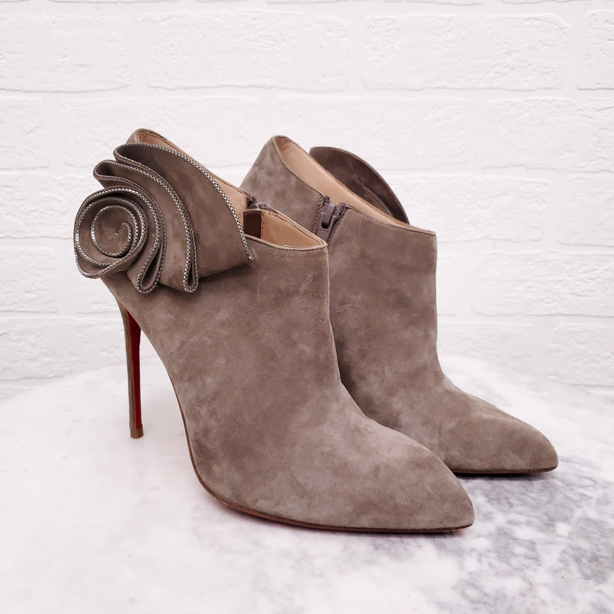 CHRISTIAN LOUBOUTIN SUEDE BOOTS WITH FLORAL METALLIC DETAIL - SIZE 38