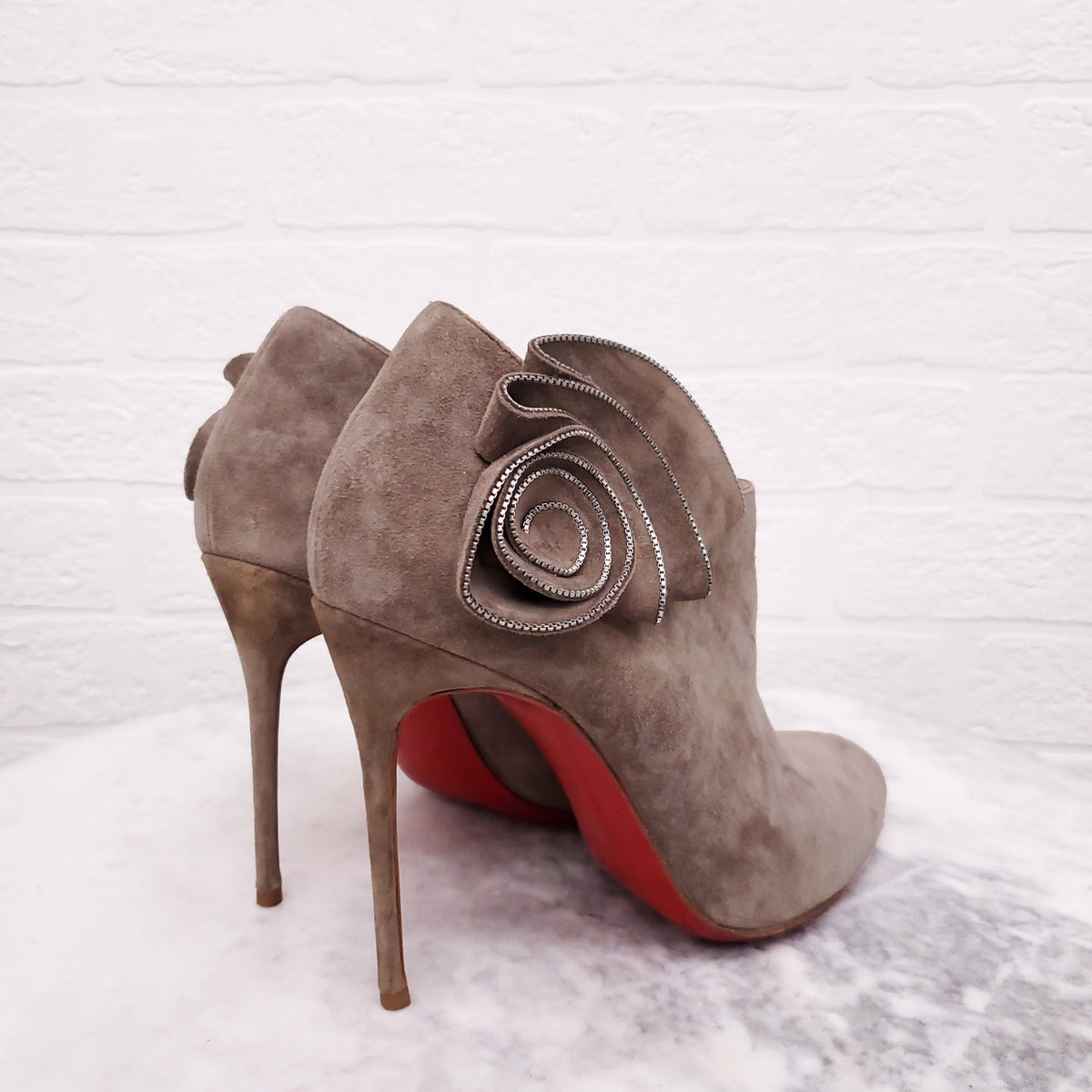 CHRISTIAN LOUBOUTIN SUEDE BOOTS WITH FLORAL METALLIC DETAIL - SIZE 38