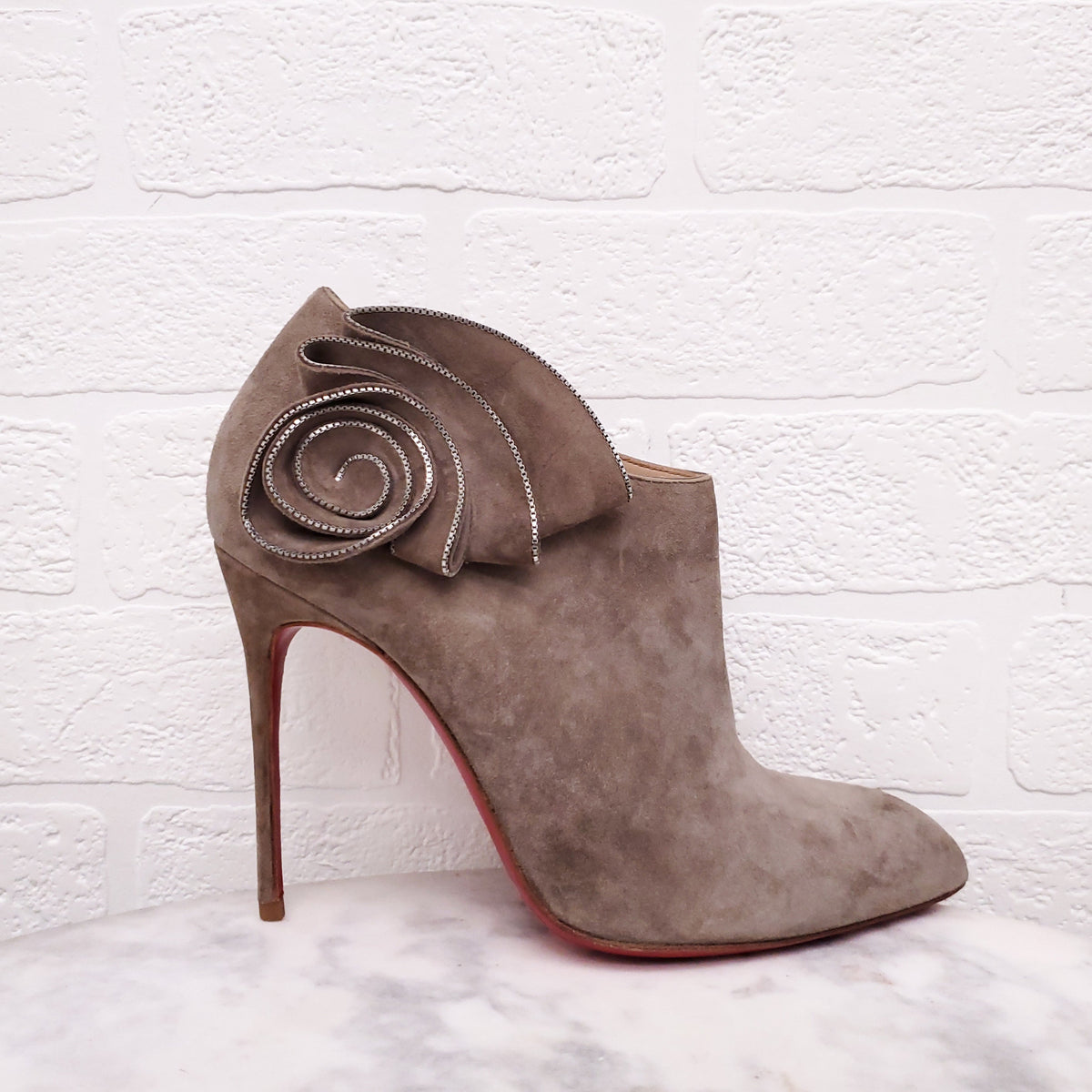 CHRISTIAN LOUBOUTIN SUEDE BOOTS WITH FLORAL METALLIC DETAIL - SIZE 38