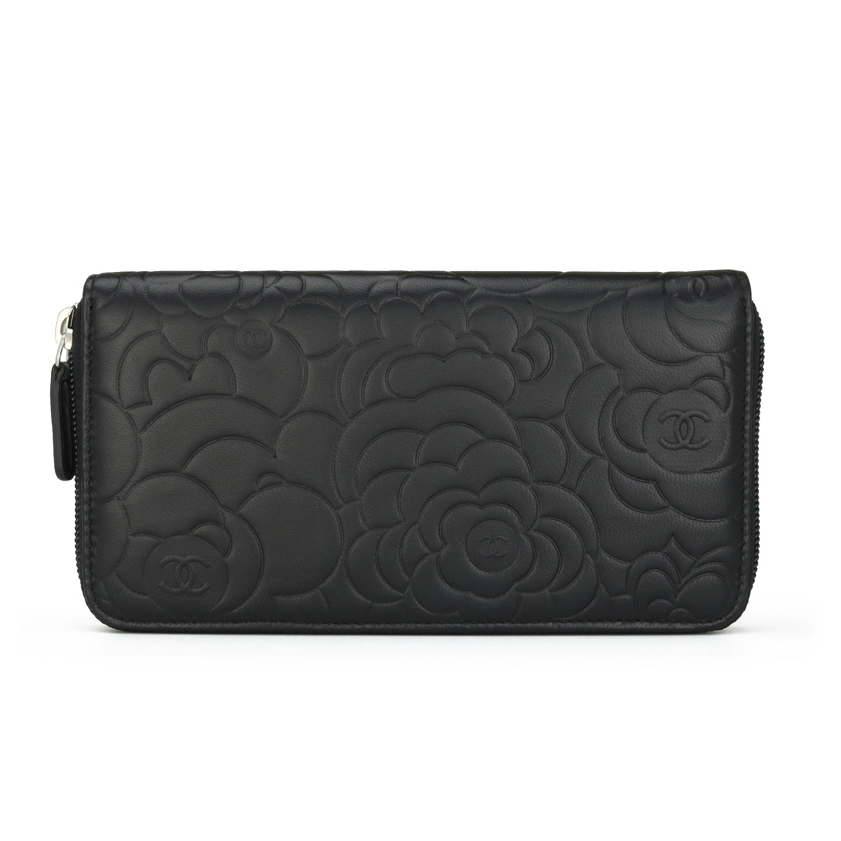 Chanel Camellia Long Zipped Wallet Black Lambskin Silver Hardware 2013