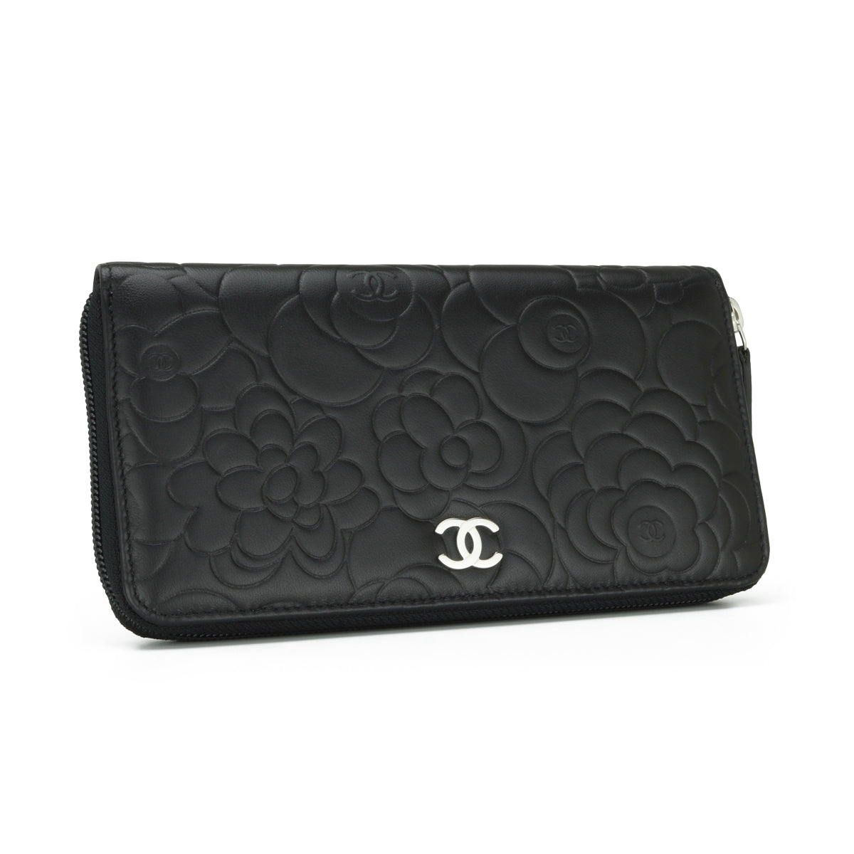 Chanel Camellia Long Zipped Wallet Black Lambskin Silver Hardware 2013