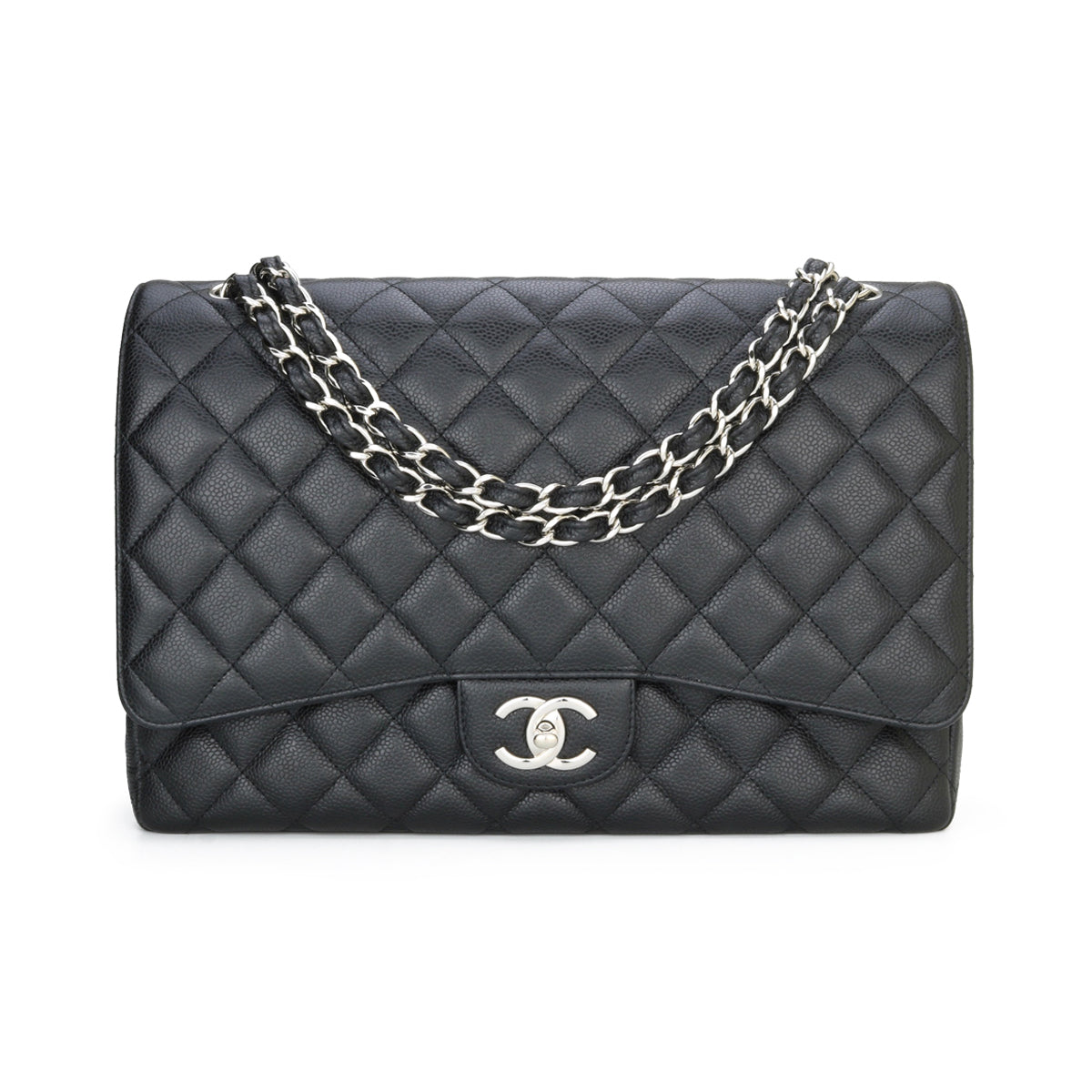 Chanel Double Flap Maxi Black Caviar Silver Hardware 2014