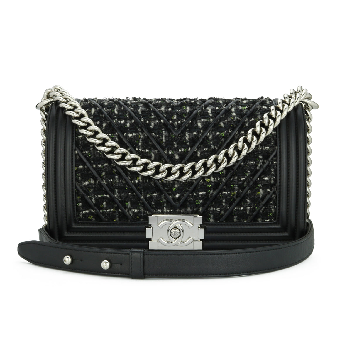 Chanel Old Medium Chevron Boy Black Lambskin Tweed Silver Hardware 2017